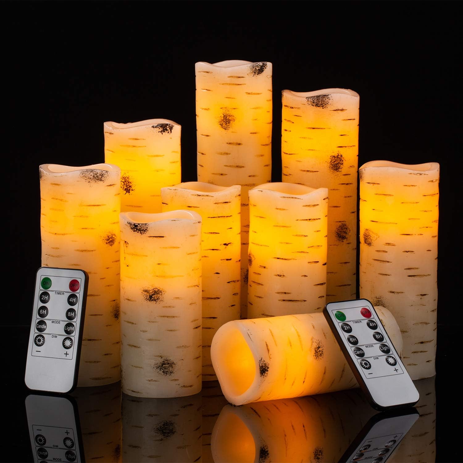 Flameless Flickering LED Candles with Birch Bark Effect - Set of 9 Battery-Operated Real Wax Pillar with 10-Key Remote Control - 2/4/6/8 Hour Timer