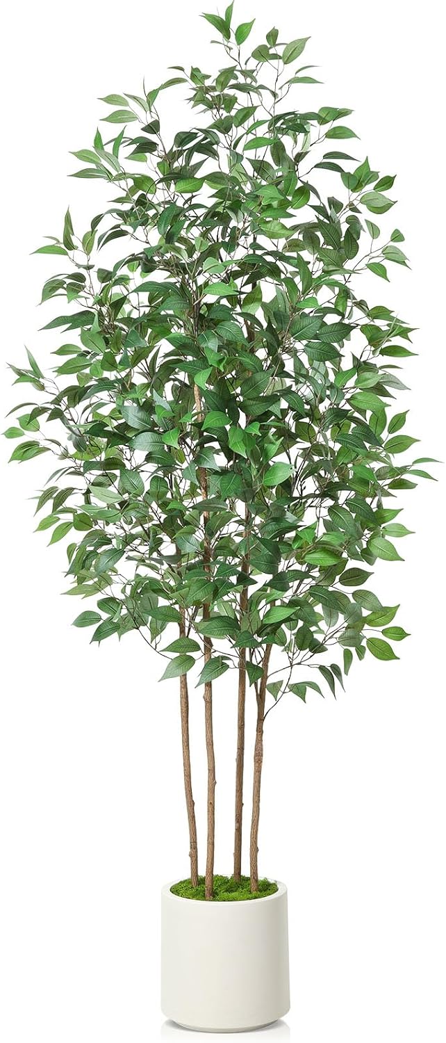 Ficus Artificial Tree 7ft Fake Silk Plant for Home Decor Indoor, Faux Tree in White Imitation Ceramic Planter Fake Floor Plant for Living Room and Home Office Corner Indoor Decor, Set of 1