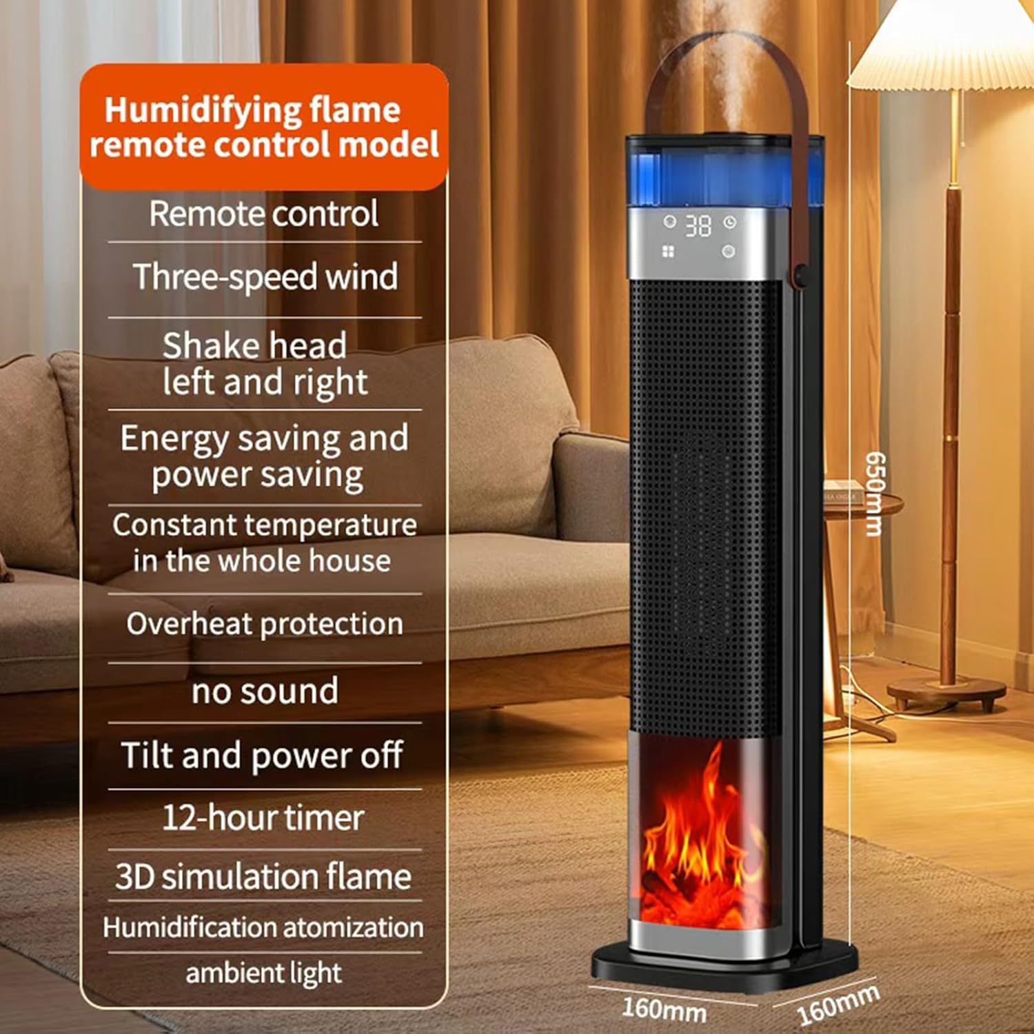 Space Heater Indoor, 25" 1500W PTC Ceramic Heater with atomization and humidification function, 3 Modes, 3D Flame, 12H Timer, 45° Oscillating, with Remote, Tower Heater for Office Bedroom