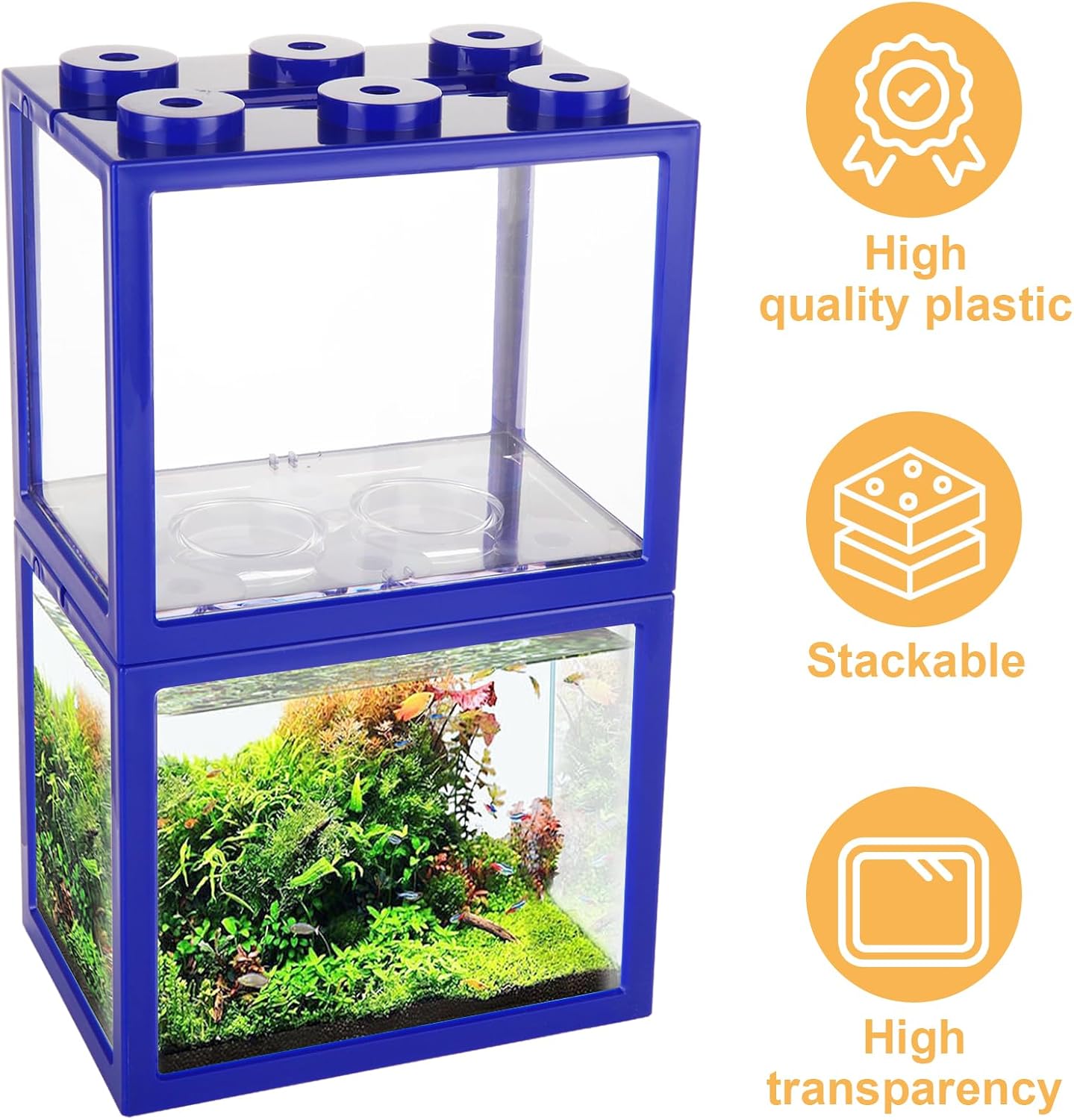 4PCS Plastic Small Betta Fish Tank, 0.6 Gallon Stackable Fish Bowl, Cube Fish Aquarium Tank for Shrimp, Turtle, Small Crab (Blue)