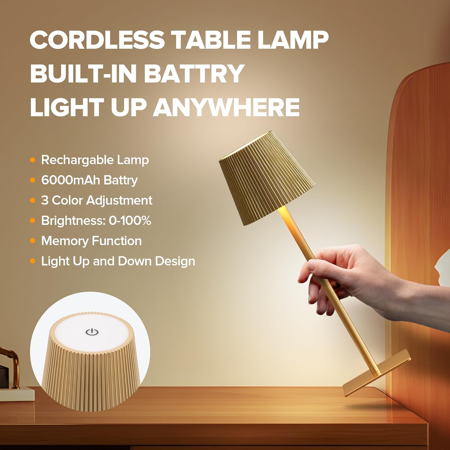 LUTEC 2 Pack Cordless Table Lamp,6000mAh Rechargeable Battery Operated Desk Lamp,Two Adjustable Heights,Waterproof, Touch Control & 3 Color Stepless Dimming for Restaurant/Bedroom/Bars/Outdoor (Gold)