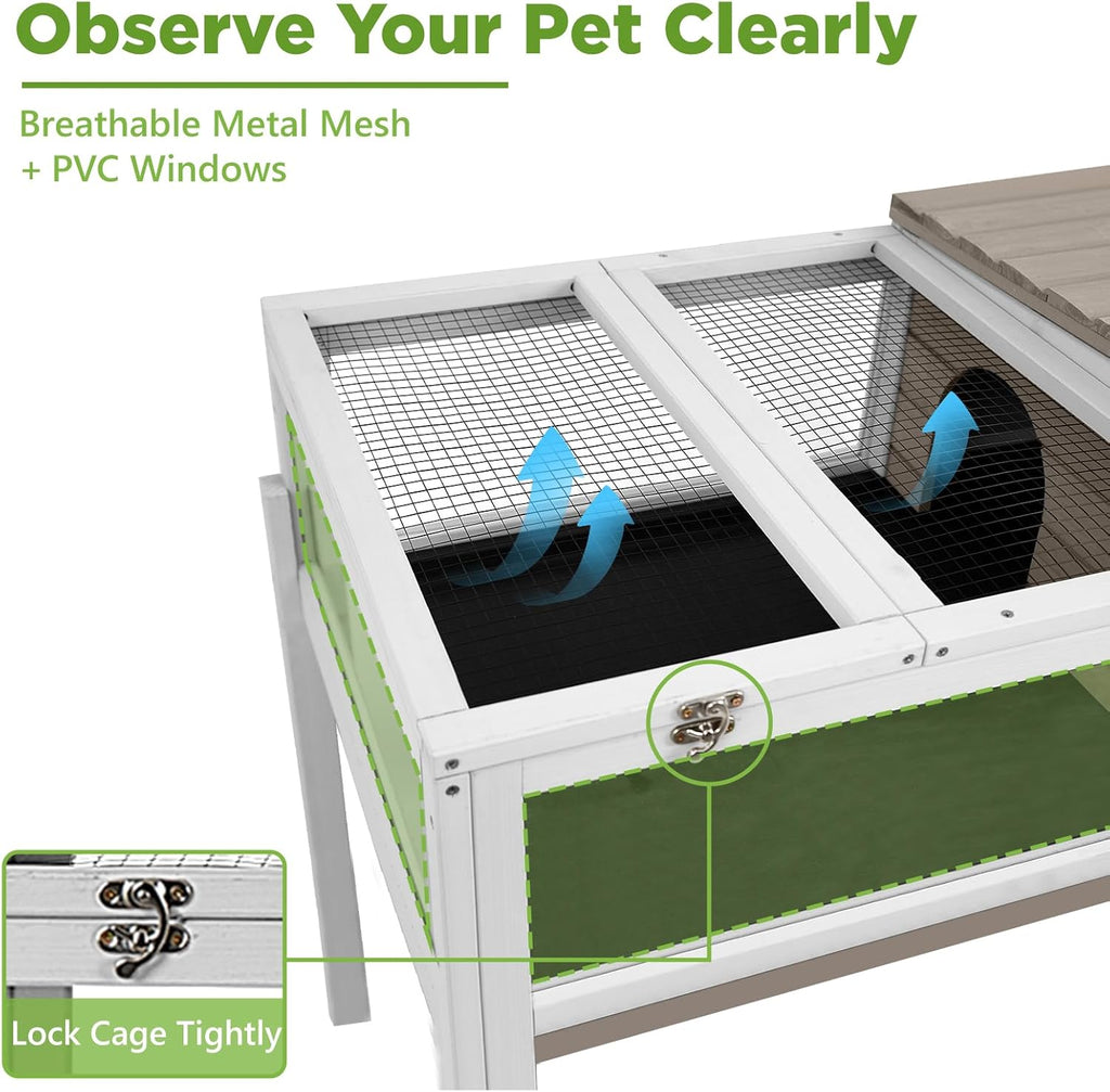 Standing Tortoise Habitat with Lamp Holder in Indoor & Outdoor, Wooden Turtle Enclosure Table with Detachable Legs, Leakproof Tray, Openable Roof for Tortle, Lizard, Chameleon, Grey