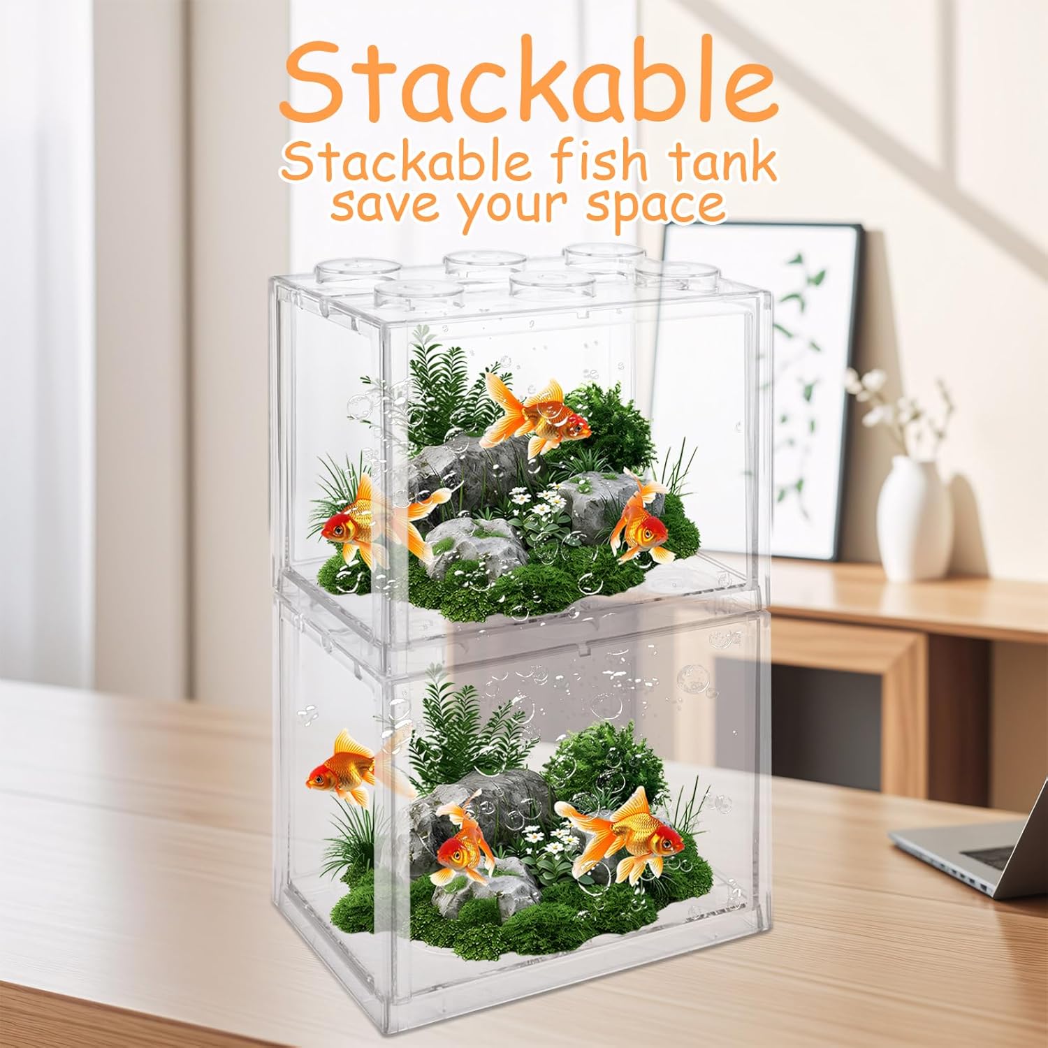 QTLCOHD 4 Pack Small Betta Fish Tank, 0.6 Gallon Mini Aquarium Tank, Clear Stackable Fish Bowl, Acrylic Tiny Cube Tank for Beta Fish Sea Monkeys Shrimp Snails