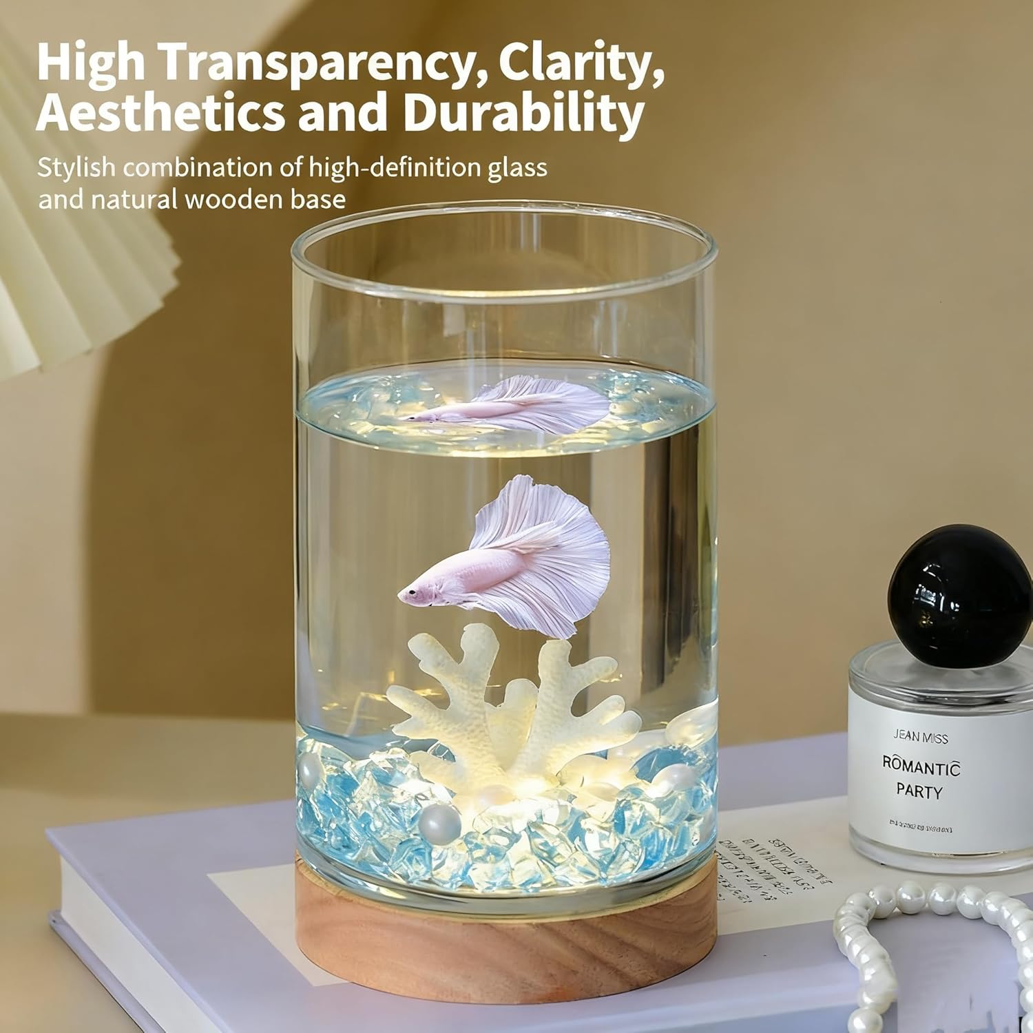 Small Betta Fish Tank with Warm Light & Decor, 0.4 Gallon Clear Glass Aquarium/Vase/Hydroponic Plant Terrarium, Complete Starter Kit for Desk, Ideal Gift for Kids