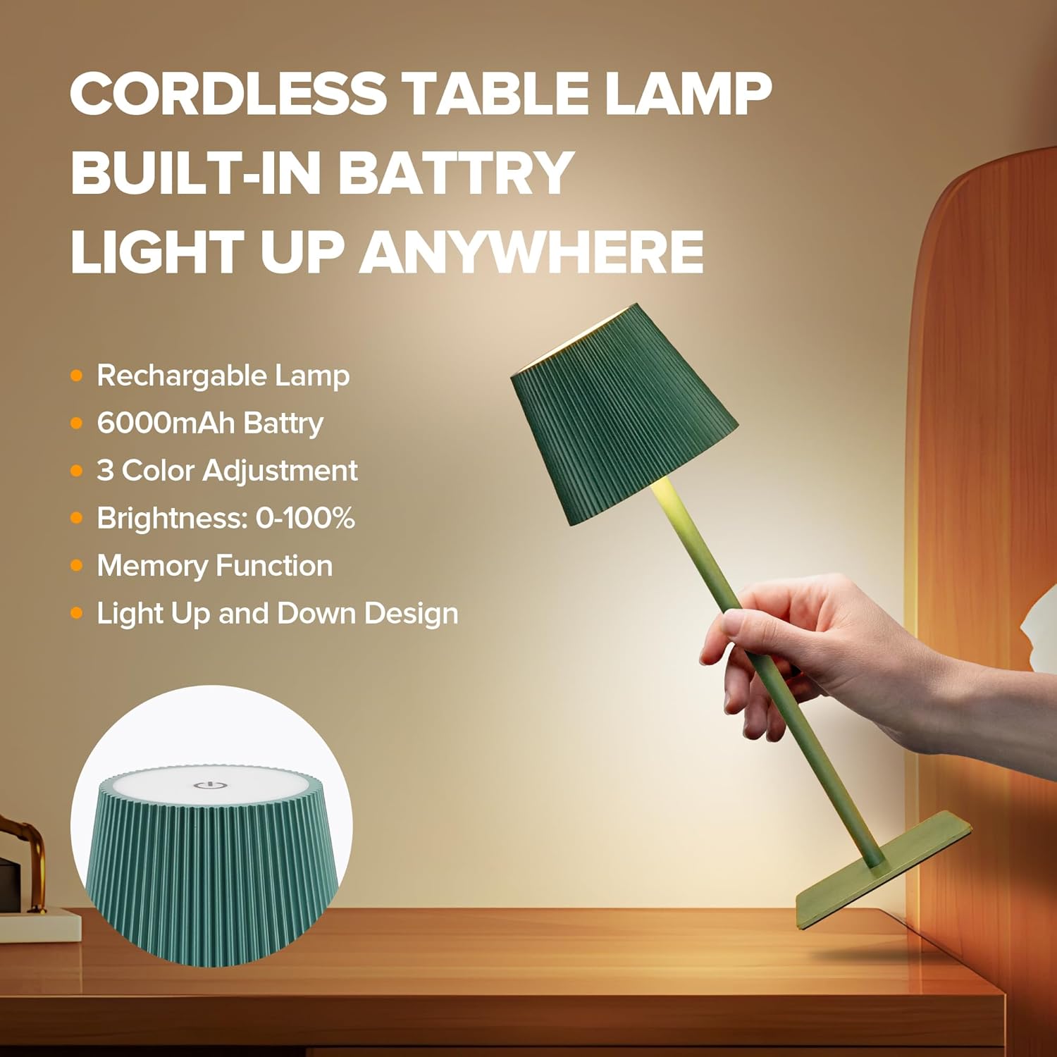 LUTEC 2 Pack Cordless Table Lamp,6000mAh Rechargeable Battery Operated Desk Lamp,Two Adjustable Heights,Waterproof, Touch Control & 3 Color Stepless Dimming for Restaurant/Bedroom/Bars/Outdoor (Green)