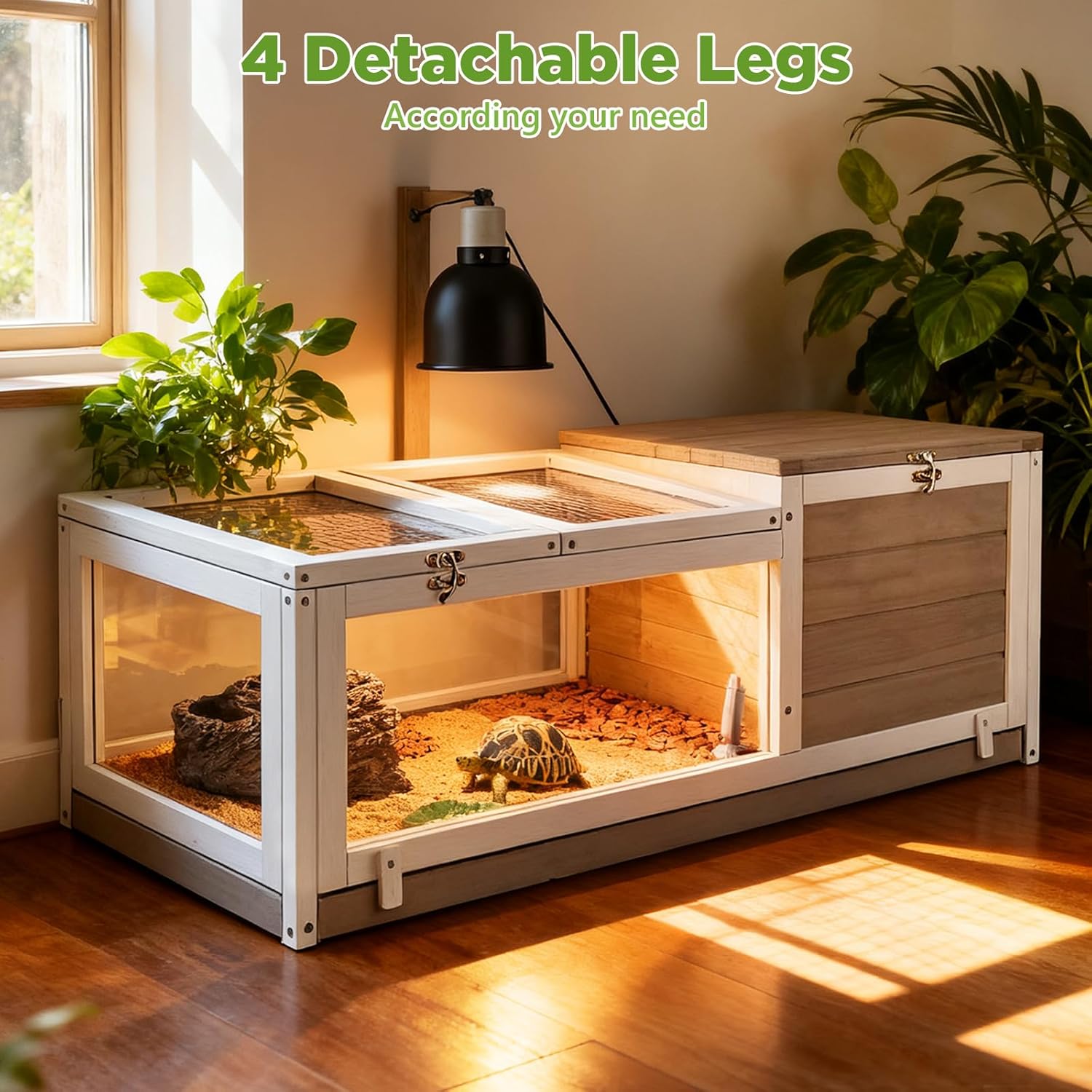 Standing Tortoise Habitat with Lamp Holder in Indoor & Outdoor, Wooden Turtle Enclosure Table with Detachable Legs, Leakproof Tray, Openable Roof for Tortle, Lizard, Chameleon, Grey