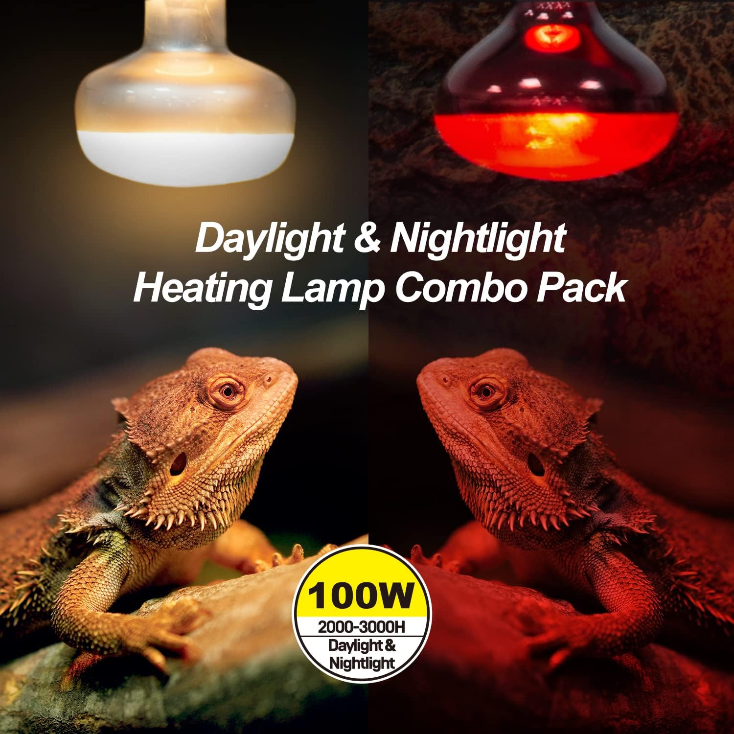 WACOOL 2Pack 100W Reptile Heat Lamp Day & Night Kit, Nature Simulated Basking Daylight & Nightlight Heat Lamp Bulbs for Reptiles & Amphibians, UVA Heat Lamp for Bearded Dragon Gecko Turtle Lizard
