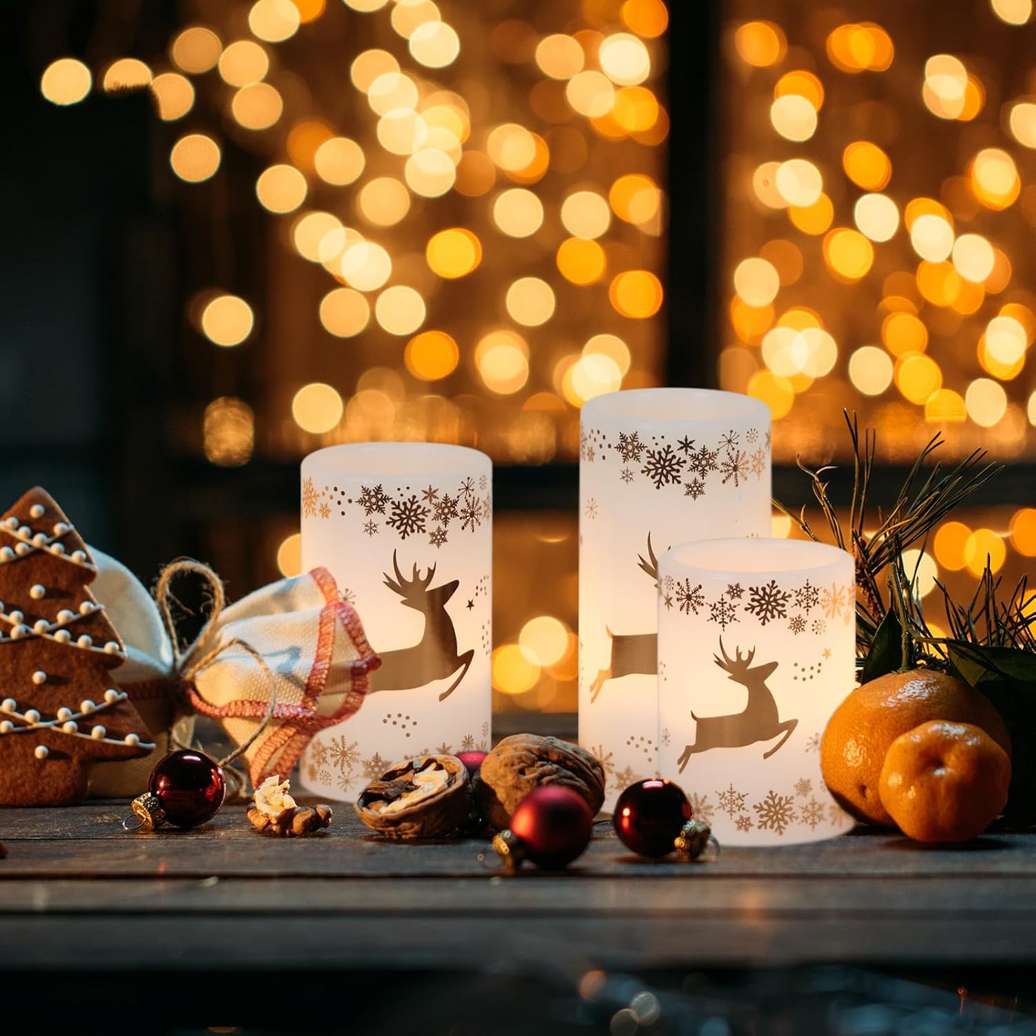GenSwin Christmas Flameless LED Flickering Candles, Real Wax, Gold Deer, 3 Pack Pillar Fake Candles for Winter Indoor Fireplace Decor (D3' x H4'5'6')