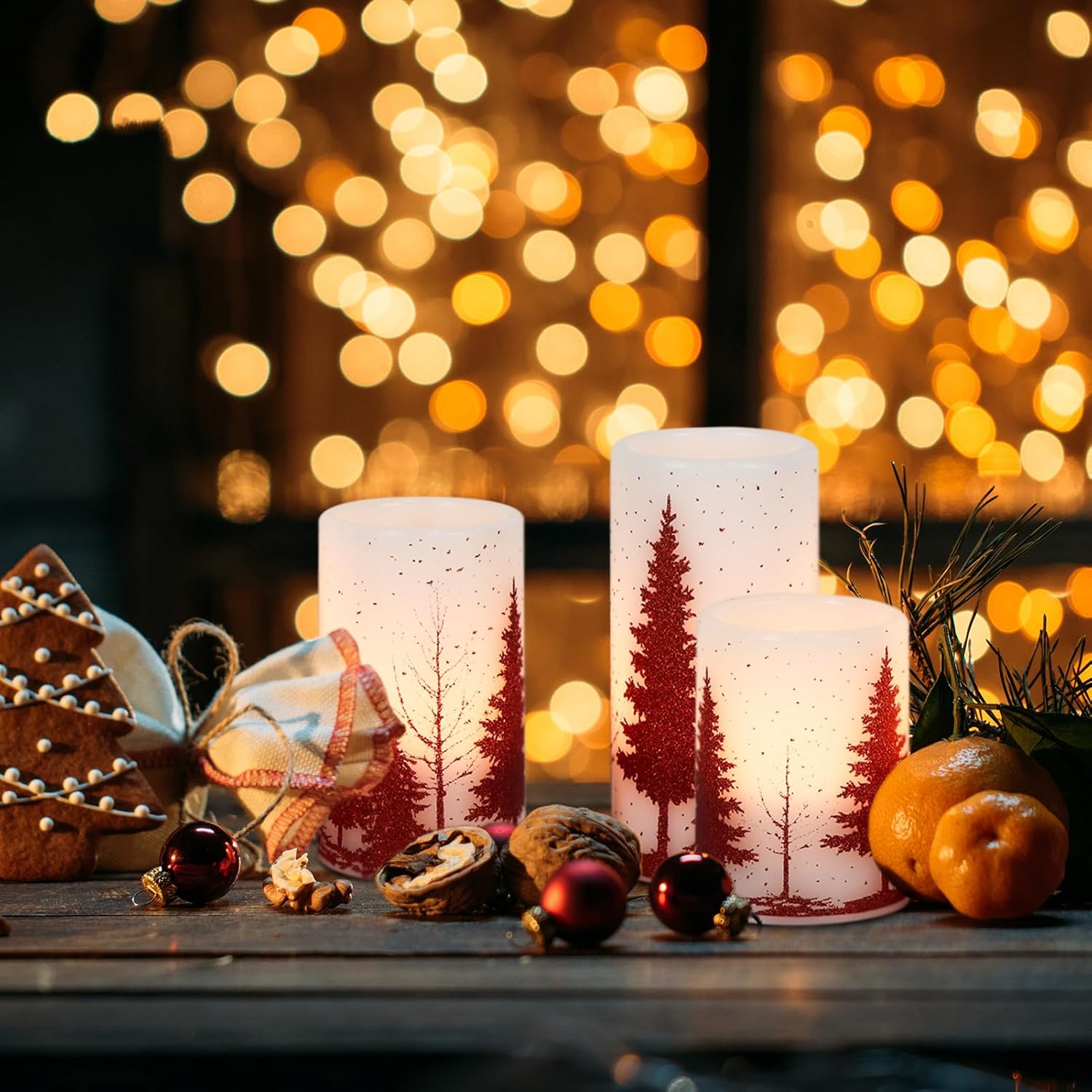 GenSwin Christmas Flameless Candles with Timer, Red Christmas Tree LED Flickering Candles Real Wax, 3 Pack Pillar Fake Candle for Winter Indoor Fireplace Christmas Decor Table(D3” x H4”5”6”)