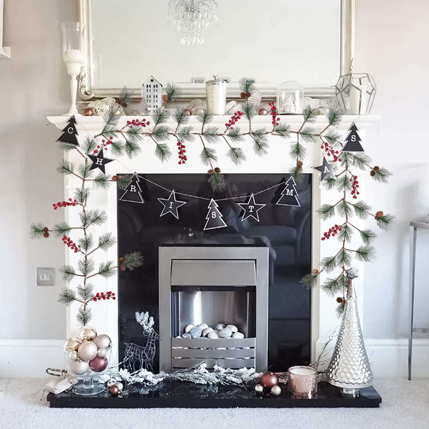 6 feet Christmas Pine Garland with Needles Berries Frosted Pinecones Winter Artificial Greenery Garland for Holiday Season Mantel Fireplace Table Runner Centerpiece Decoration