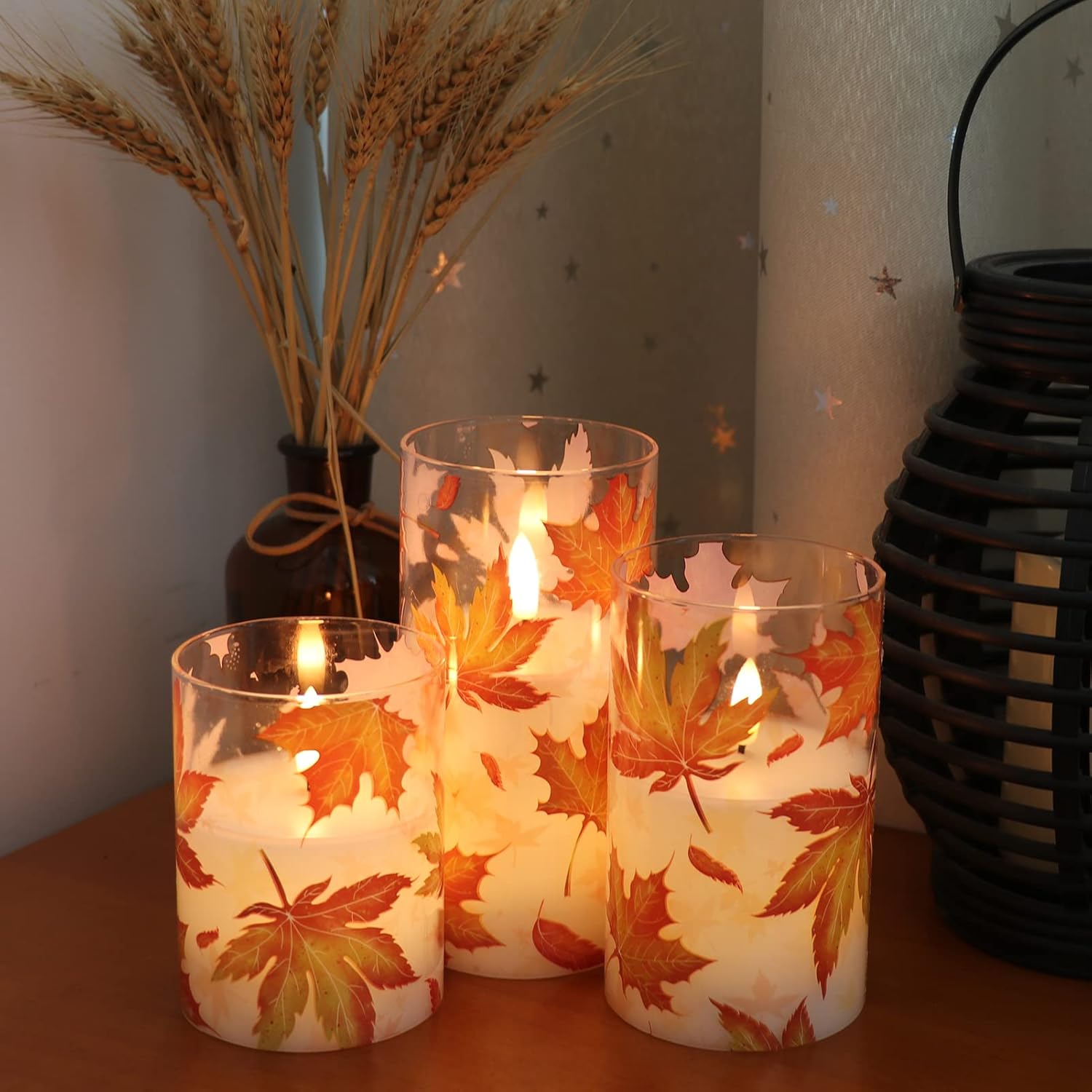 GenSwin Glass Maple Leaf Flameless Candles with Remote Timers, Battery Operated LED Flickering Candles, Real Wax Pillar Candles Christmas Wedding Decoration