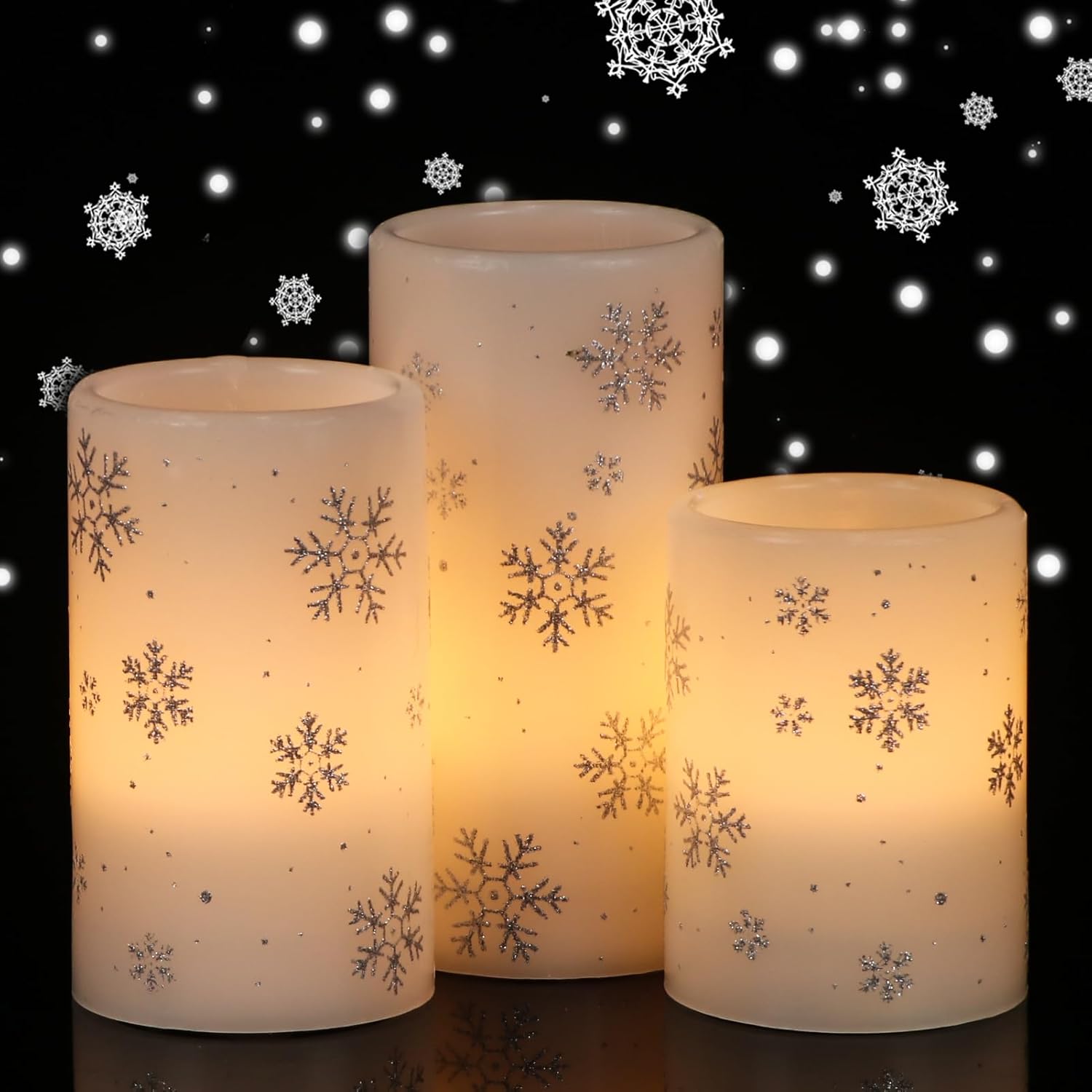 GenSwin Christmas Flameless Candles with Timer, LED Flickering Candles Real Wax with Silver Snowflake Decals, 3 Pack Pillar Candle for Winter Indoor Fireplace Christmas Decor(D3” x H4”5”6”)