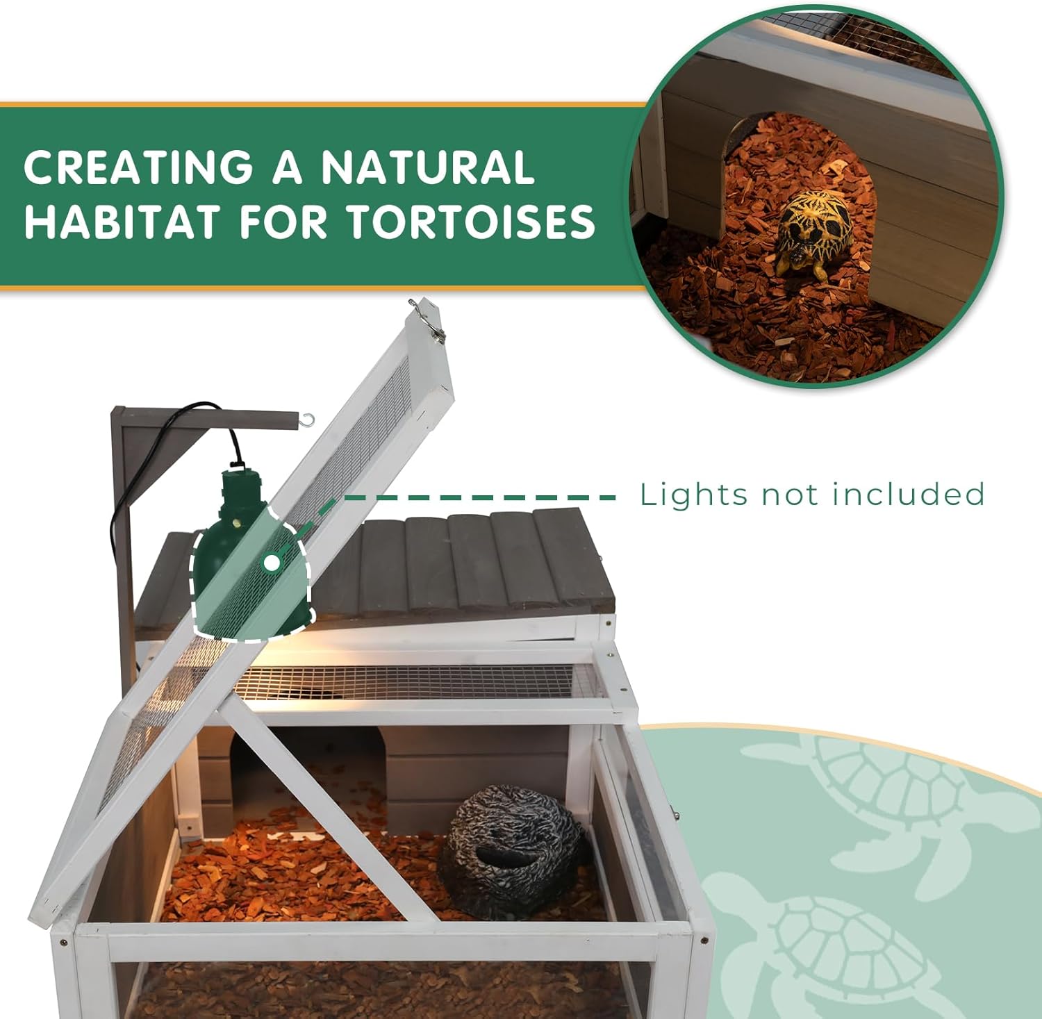 Tortoise Habitat Tank Indoor Outdoor, Wooden Tortoise House with Detachable Legs, 2-Room Reptile Turtle Enclosure Cage for Small Animals, Lamp Holder, Leakproof Tray, Grey