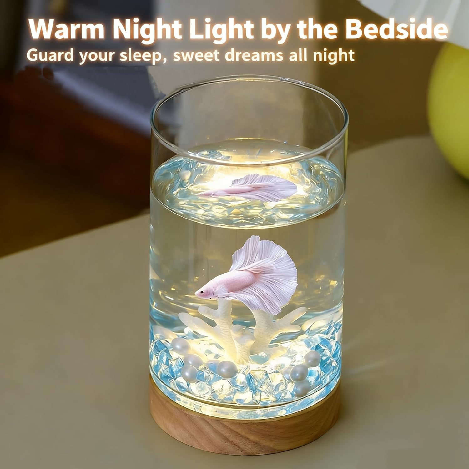 Small Betta Fish Tank with Warm Light & Decor, 0.4 Gallon Clear Glass Aquarium/Vase/Hydroponic Plant Terrarium, Complete Starter Kit for Desk, Ideal Gift for Kids