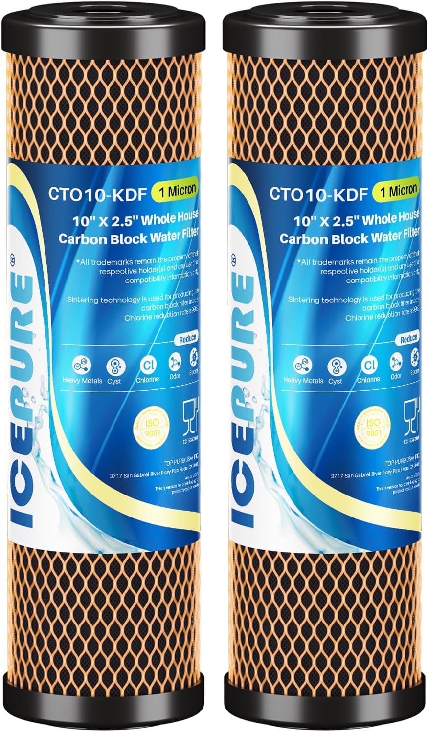 ICEPURE 1 Micron 2.5" x 10" Whole House Water Filter Coconut Shell Activated CTO Carbon and KDF Cartridge for Home, Compatible with WFPFC8002, WFPFC9001, FXWTC, SCWH-5, WHEF-WHWC, AMZN-SCWH-5, 2PACK