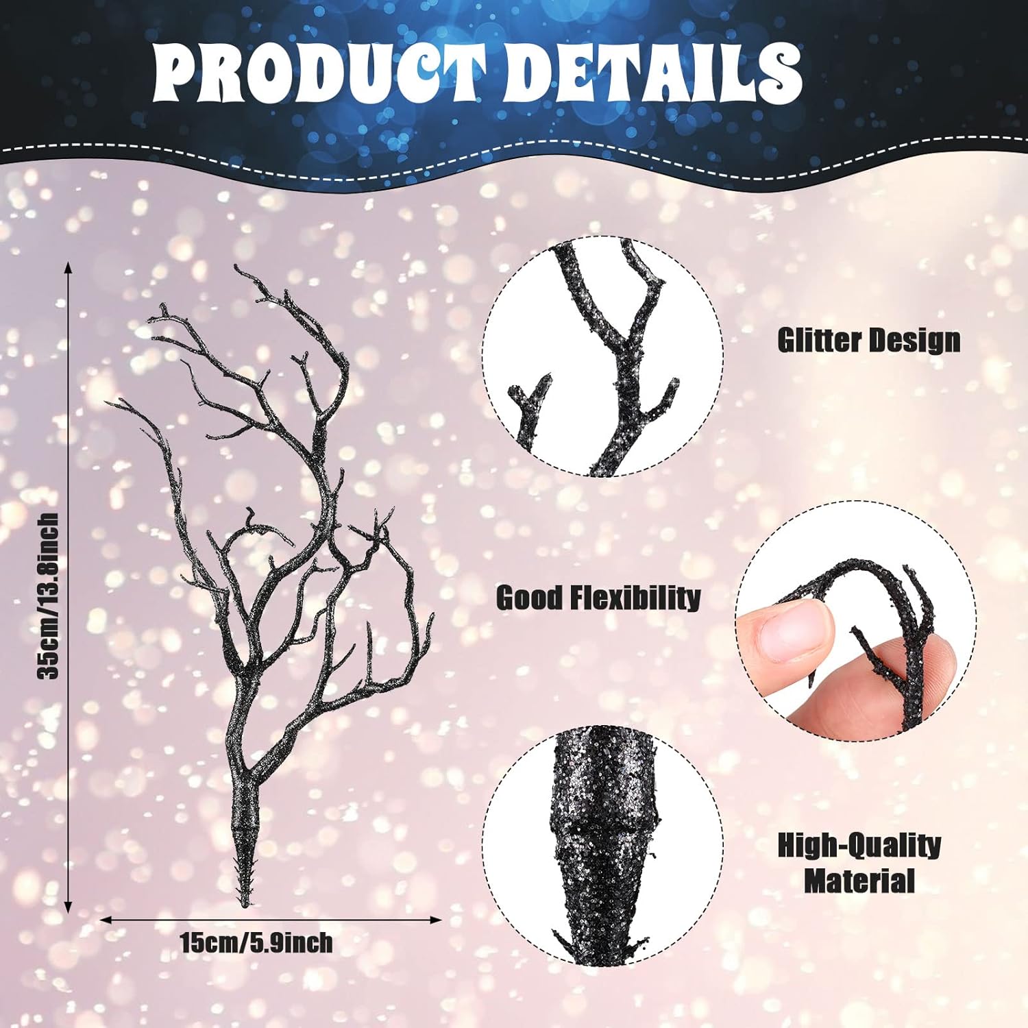 Geosar 13.8 Inch Small Manzanita Branches Plastic Faux Branches Artificial Antler Shaped Tree Branch Decorative Plant Twigs for Home Wedding Table Centerpiece Festival Decors(Glitter Black,10 Pieces)