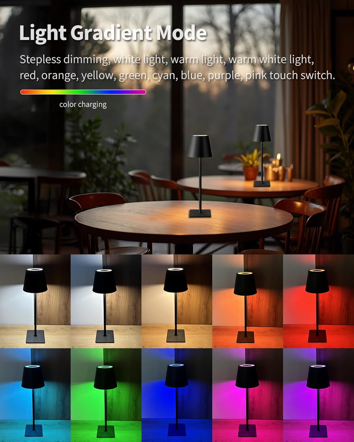 KDG 2 Pack Cordless Table Lamp, RGB Color Stepless Dimming Up, 4000mAh Battery Operated Portable LED Desk Lamp, for Dinning Room, Bedroom, Bar, Outdoor Garden, Camping, Night Light (Black)
