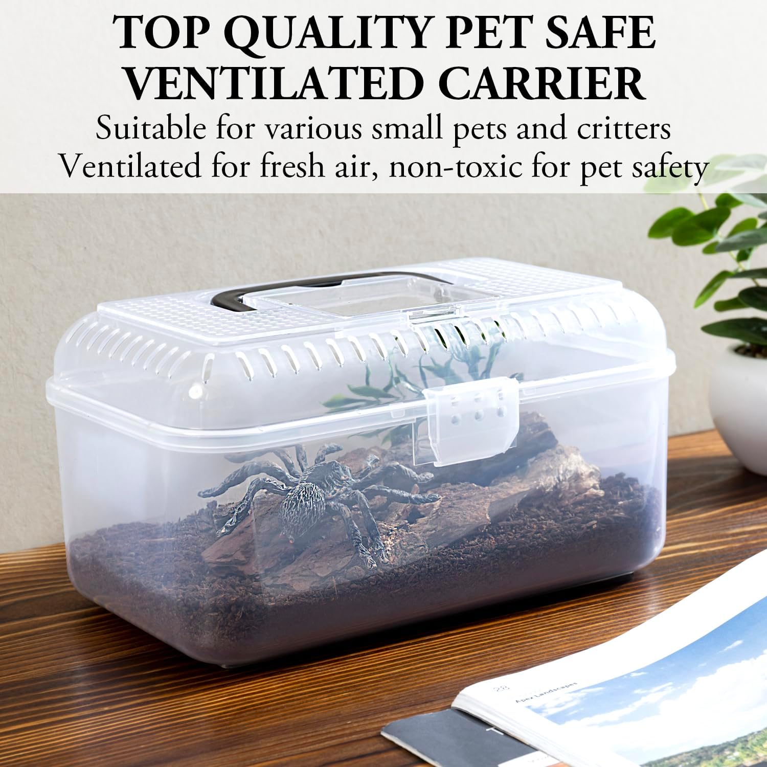 MyGift Reptile Carrier Critter Keeper Terrarium 9.5 x 6 Inch Clear Portable Tank with Black Carrying Handle, Transparent Travel Case for Insects Arachnids Amphibians