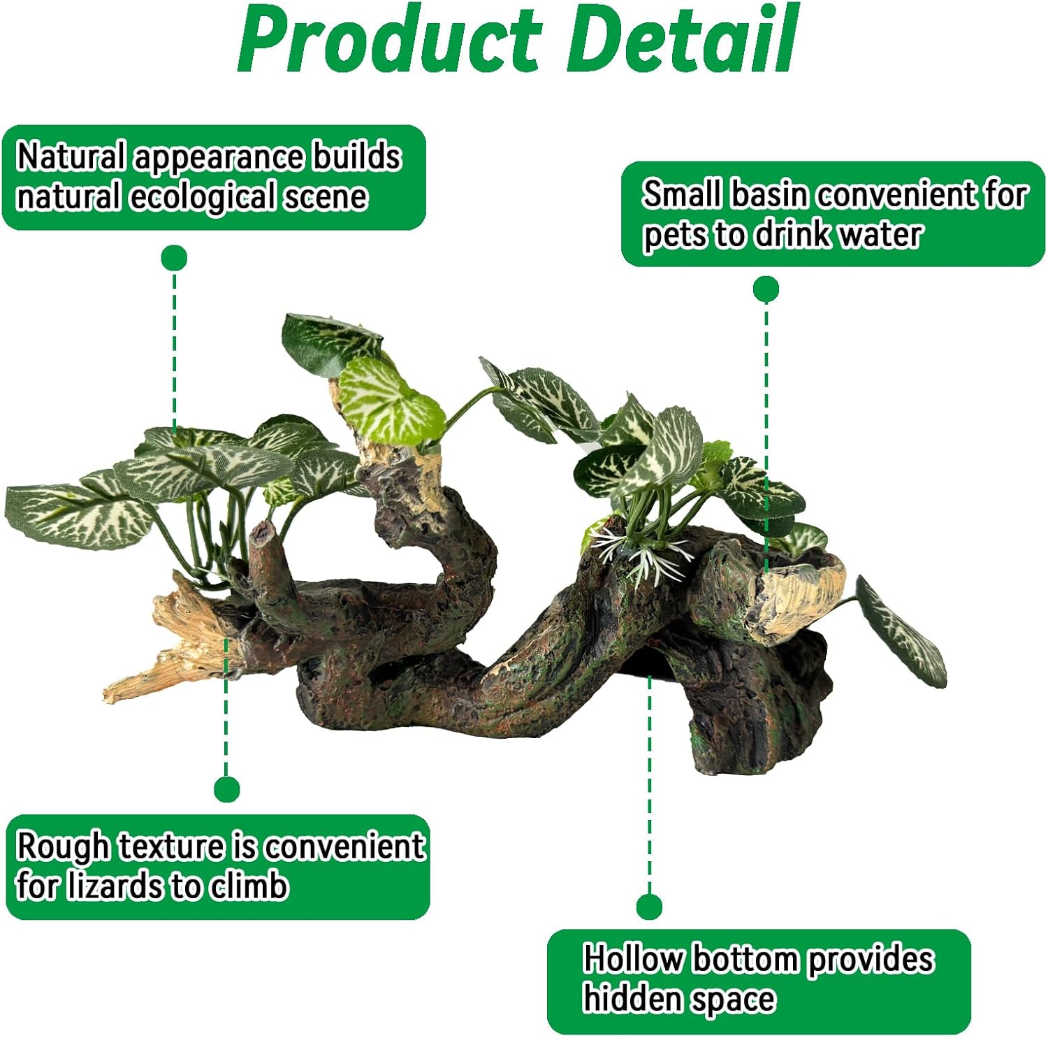 PINVNBY Branches for Reptiles,Crested Gecko Resin Climbing Tree Branch with Hideout Cave Bearded Dragon Tank Accessories Lizard Terrarium Habitat Plant Decorations for Snake Gecko Spider Frog(Green)