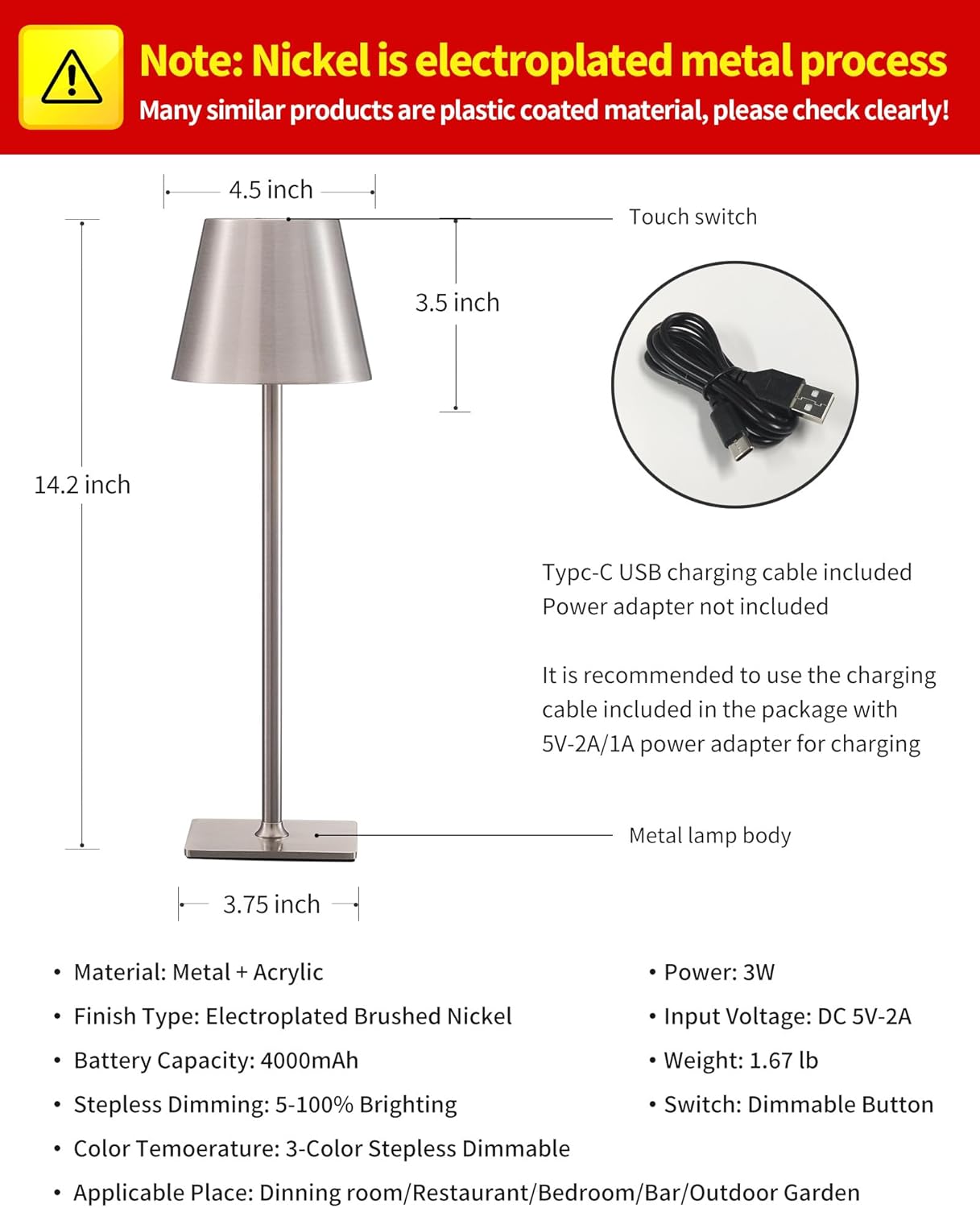 KDG 2 Pack Cordless Table Lamp,Portable LED Desk Lamp, 4000mAh Battery Operated, 3 Color Stepless Dimming Up, for Restaurant/Bedroom/Bars/Outdoor Party/Camping/Coffee Shop Night Light(Brushed Nickel)