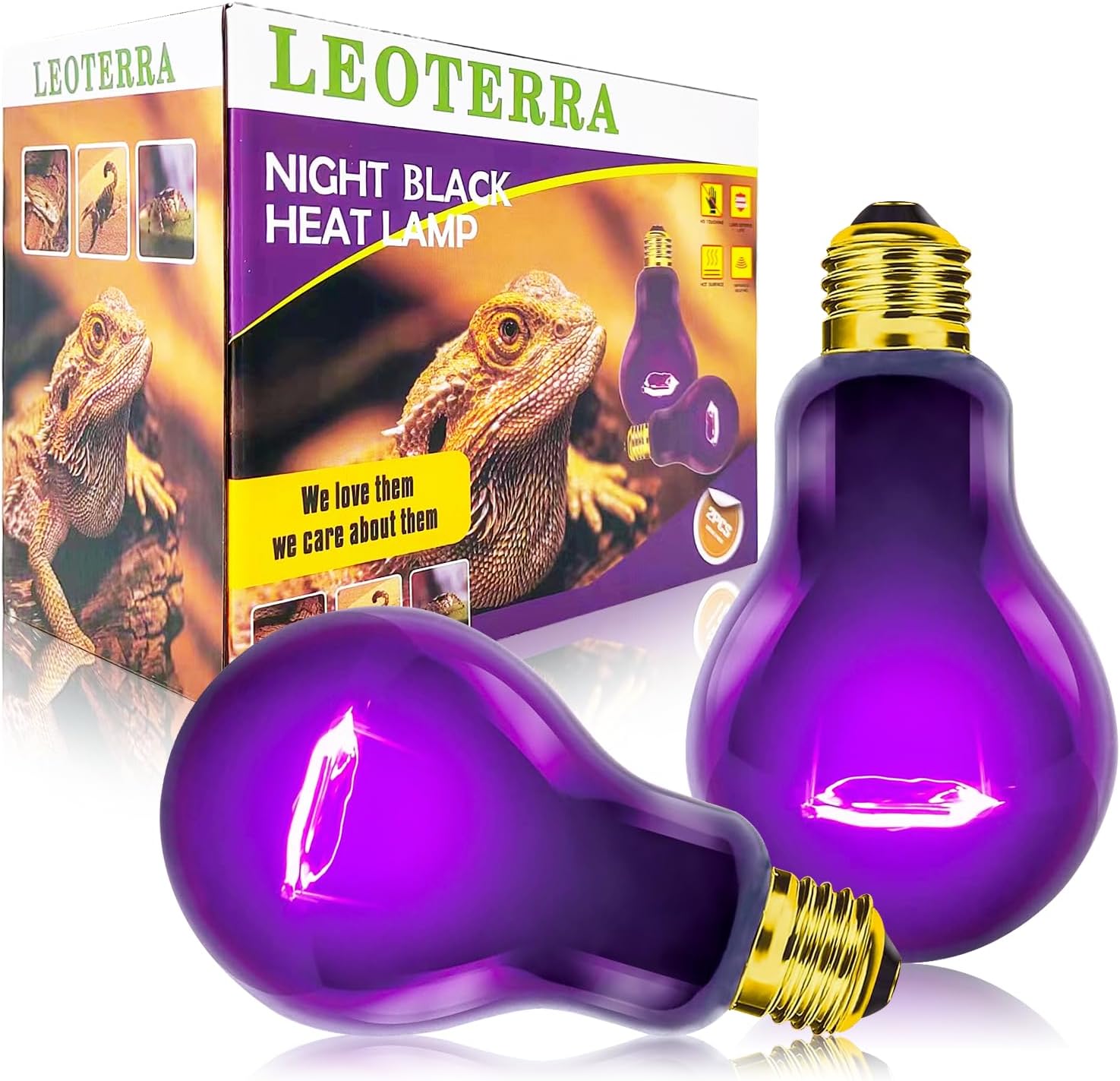 Leoterra 75W Reptile Heat Lamp Bulb 2-Pack, Night Black Moonlight Infrared Heat Lamp for Nocturnal Reptiles, Thermostat Compatible Basking Spot Light for Bearded Dragon, Turtle, Snake Tank Terrarium