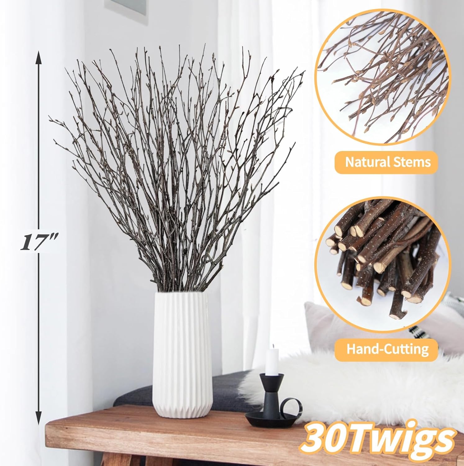 30Pcs Real Dried Birch Twigs - 17” Decorative 100% Natural Birch Branches for Easter Vases, Curly Willow Branches, DIY, Floral Arrangement, Twig Wreath, Centerpiece, Rustic Home Decor