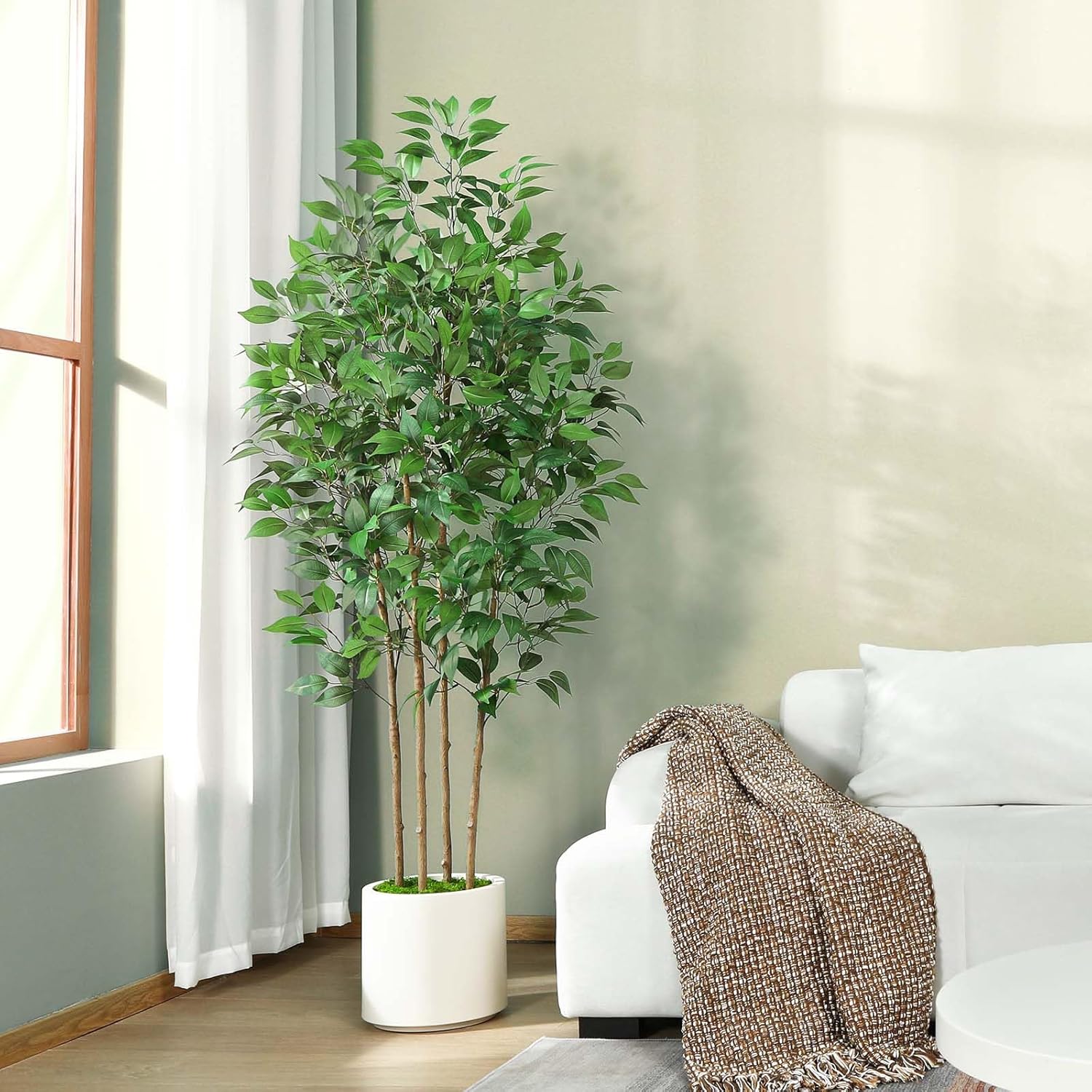 Ficus Artificial Tree 6ft Fake Silk Plant for Home Decor Indoor, Faux Floor Tree in White Imitation Ceramic Planter with Green Fake Moss for Home Office Corner Indoor Decor, Set of 1