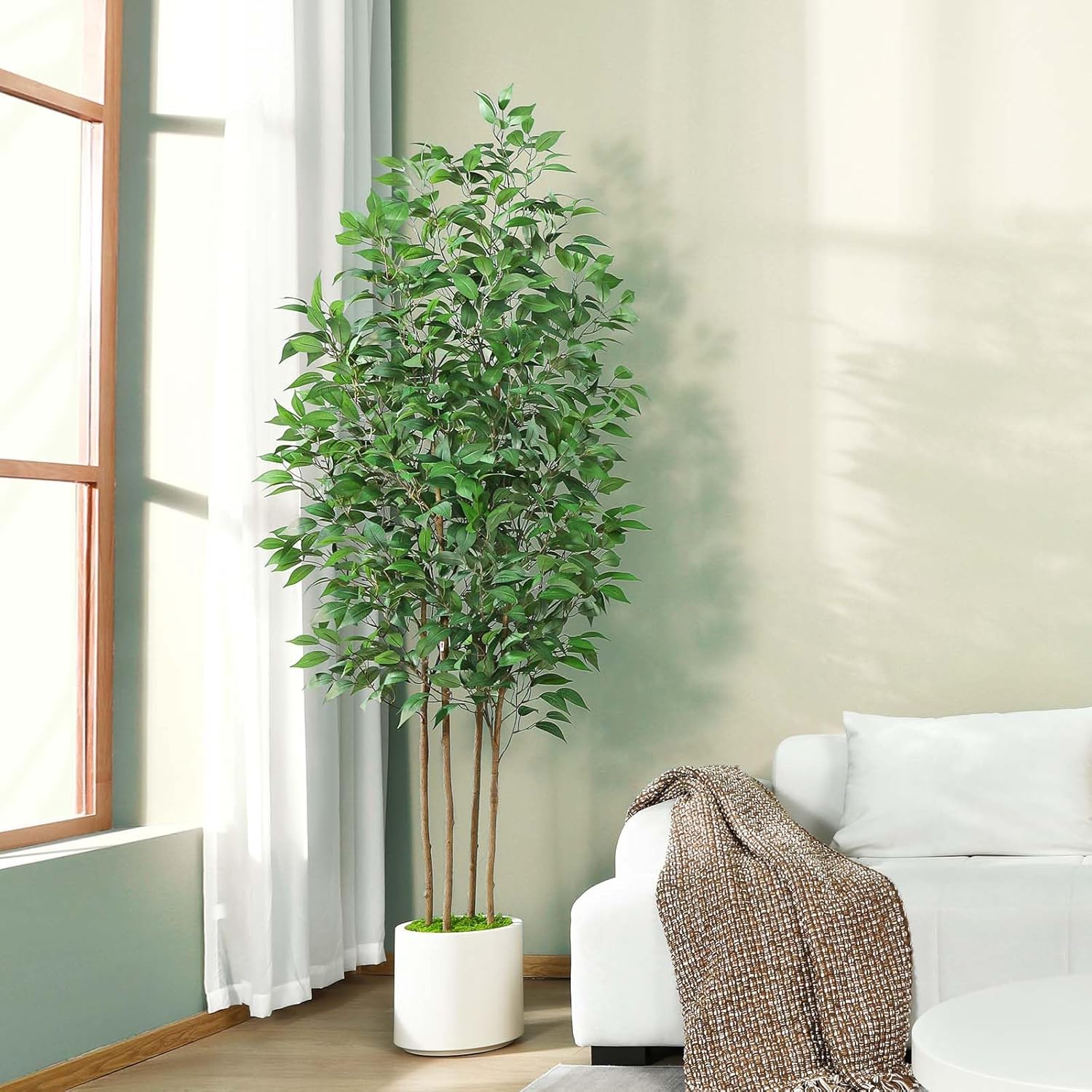 Ficus Artificial Tree 7ft Fake Silk Plant for Home Decor Indoor, Faux Tree in White Imitation Ceramic Planter Fake Floor Plant for Living Room and Home Office Corner Indoor Decor, Set of 1