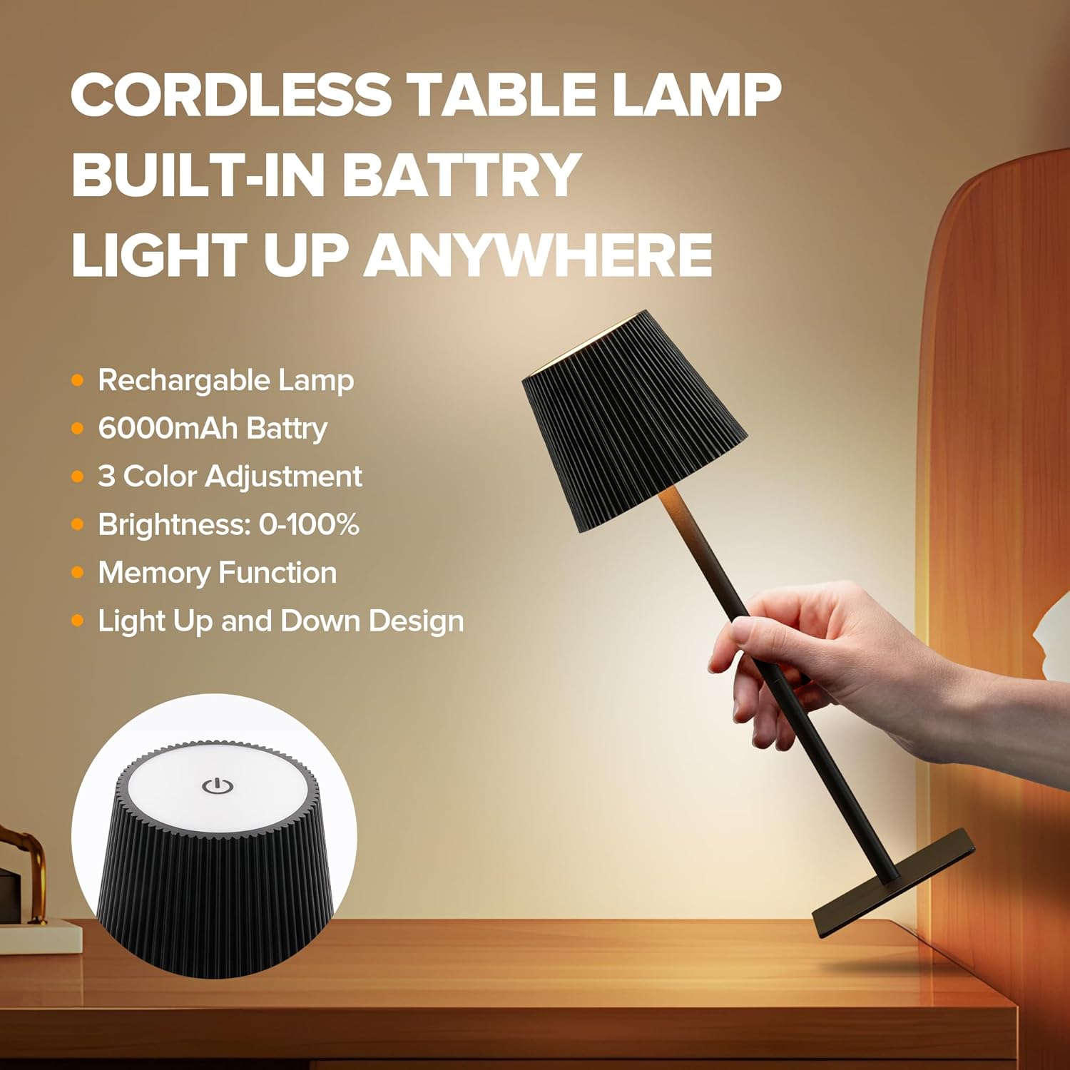 LUTEC 2 Pack Cordless Table Lamp,6000mAh Rechargeable Battery Operated Desk Lamp,Two Adjustable Heights,Waterproof, Touch Control & 3 Color Stepless Dimming for Restaurant/Bedroom/Bars/Outdoor (Black)