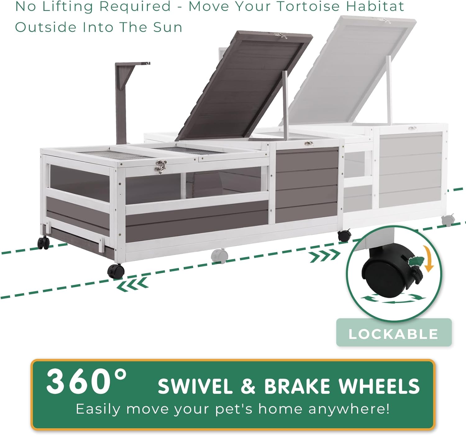 Tortoise Habitat Tank Indoor Outdoor, Wooden Tortoise House with Detachable Legs, 2-Room Reptile Turtle Enclosure Cage for Small Animals, Lamp Holder, Leakproof Tray, Grey