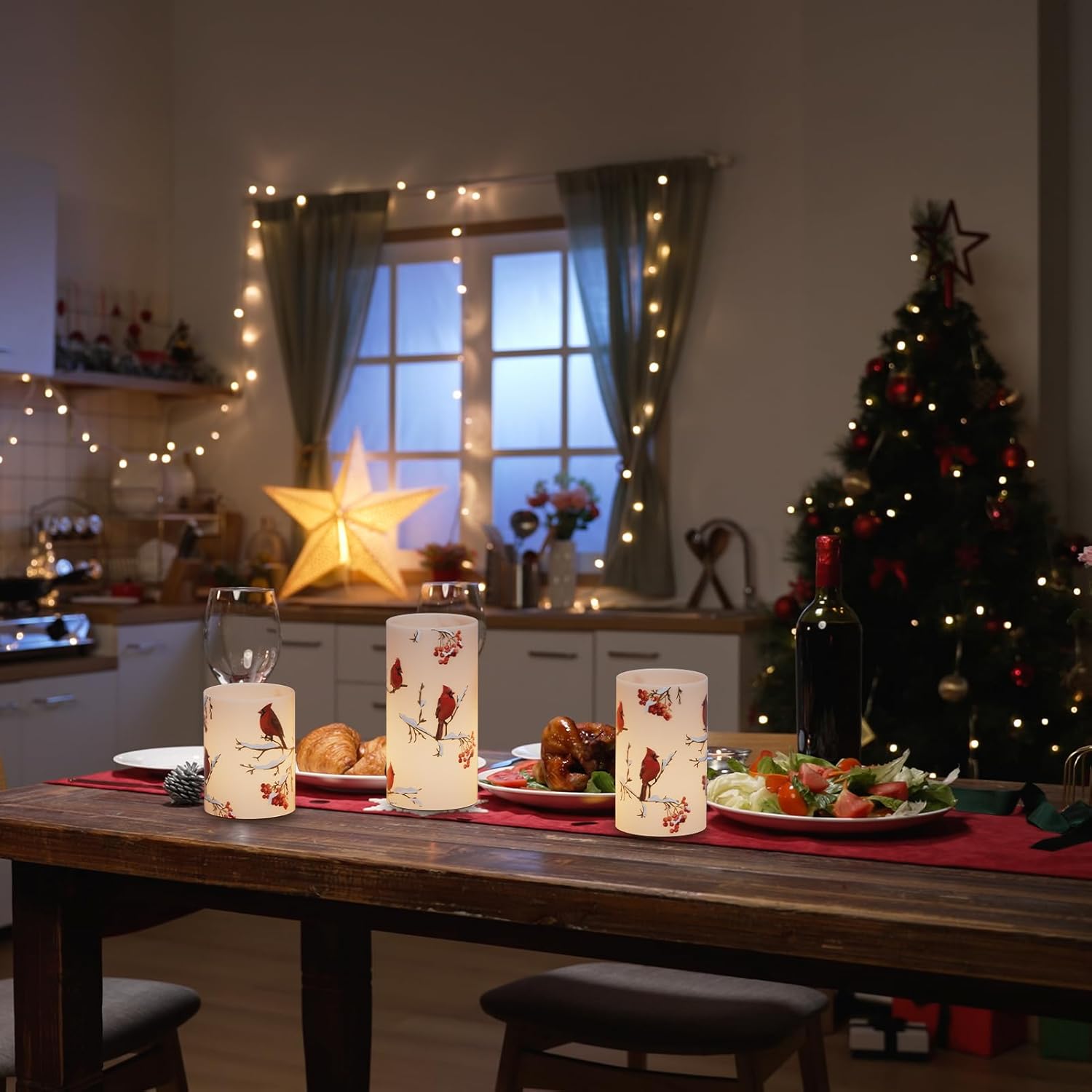 GenSwin Red Bird Flameless Candles with Timer, LED Candles with 3D Wick, Real Wax Pillar Candles for Halloween Christmas Indoor Decorations(D3” x H4”5”6”)