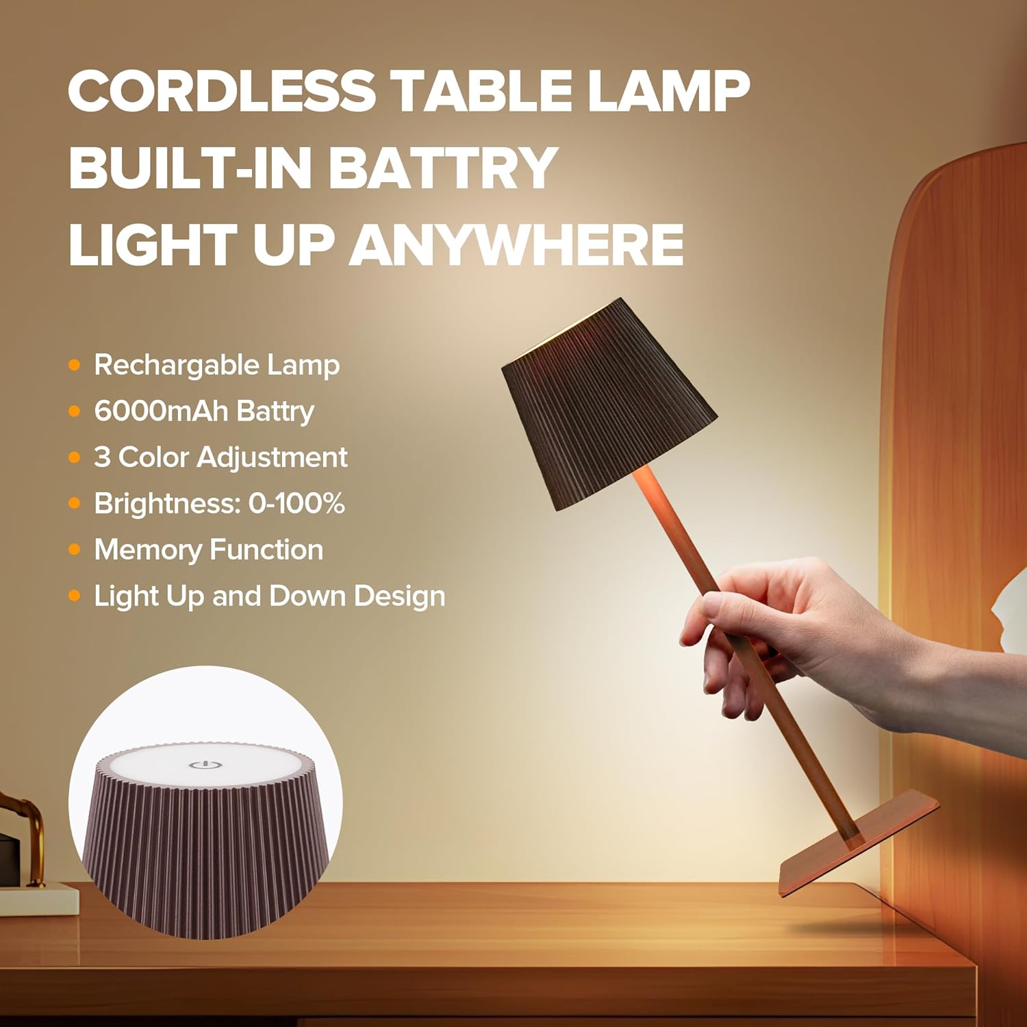 LUTEC 2 Pack Cordless Table Lamp,6000mAh Rechargeable Battery Operated Desk Lamp,Two Adjustable Heights,Waterproof, Touch Control & 3 Color Stepless Dimming for Restaurant/Bedroom/Bars/Outdoor (Brown)