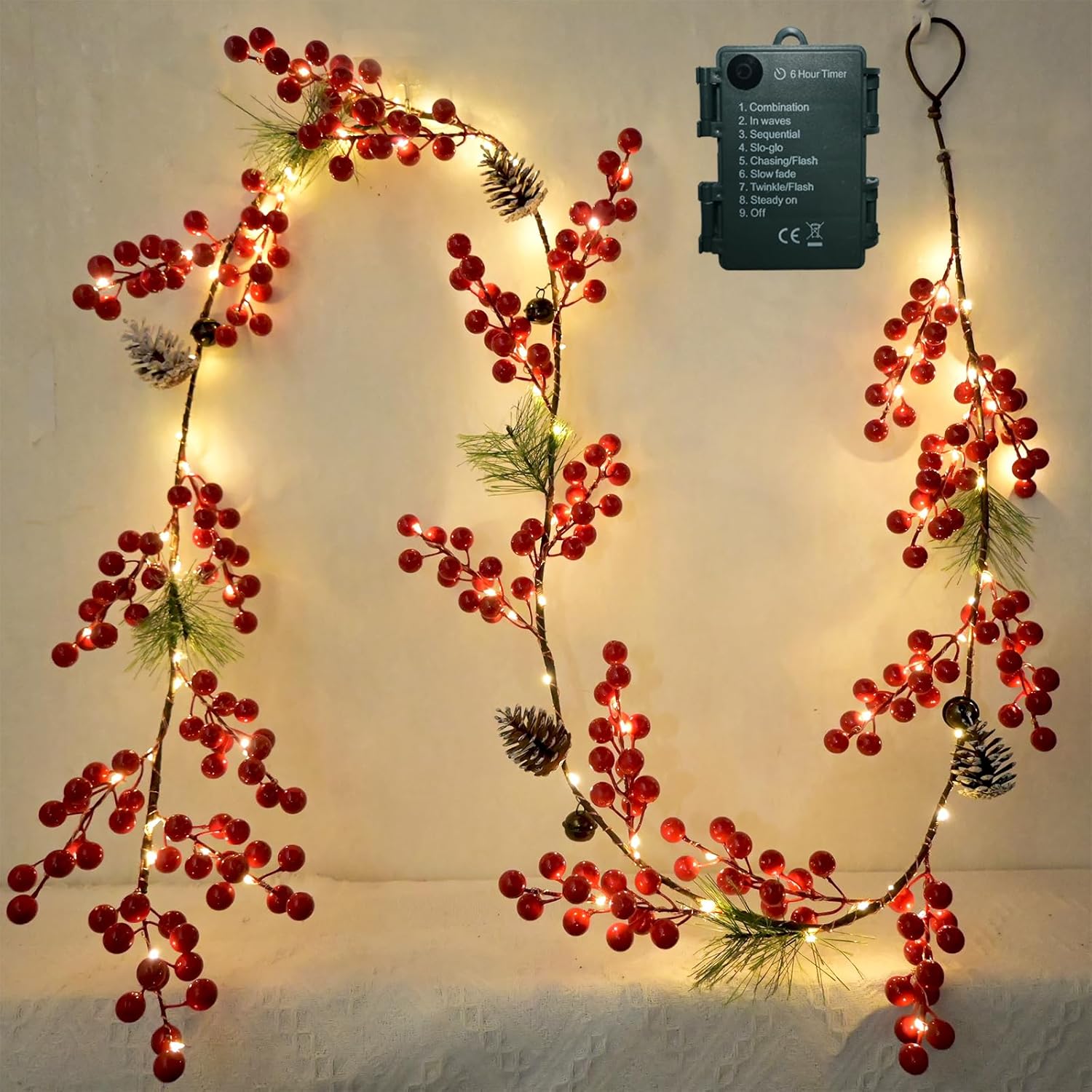6.56FT Christmas Garland Decorations Red Berry Garlands with Lights 96 Fairy LED Lights Lighted Pine Garland for Mantle Fireplace Table Stairs Railing Xmas Tree Indoor Outdoor Winter Holiday Decor