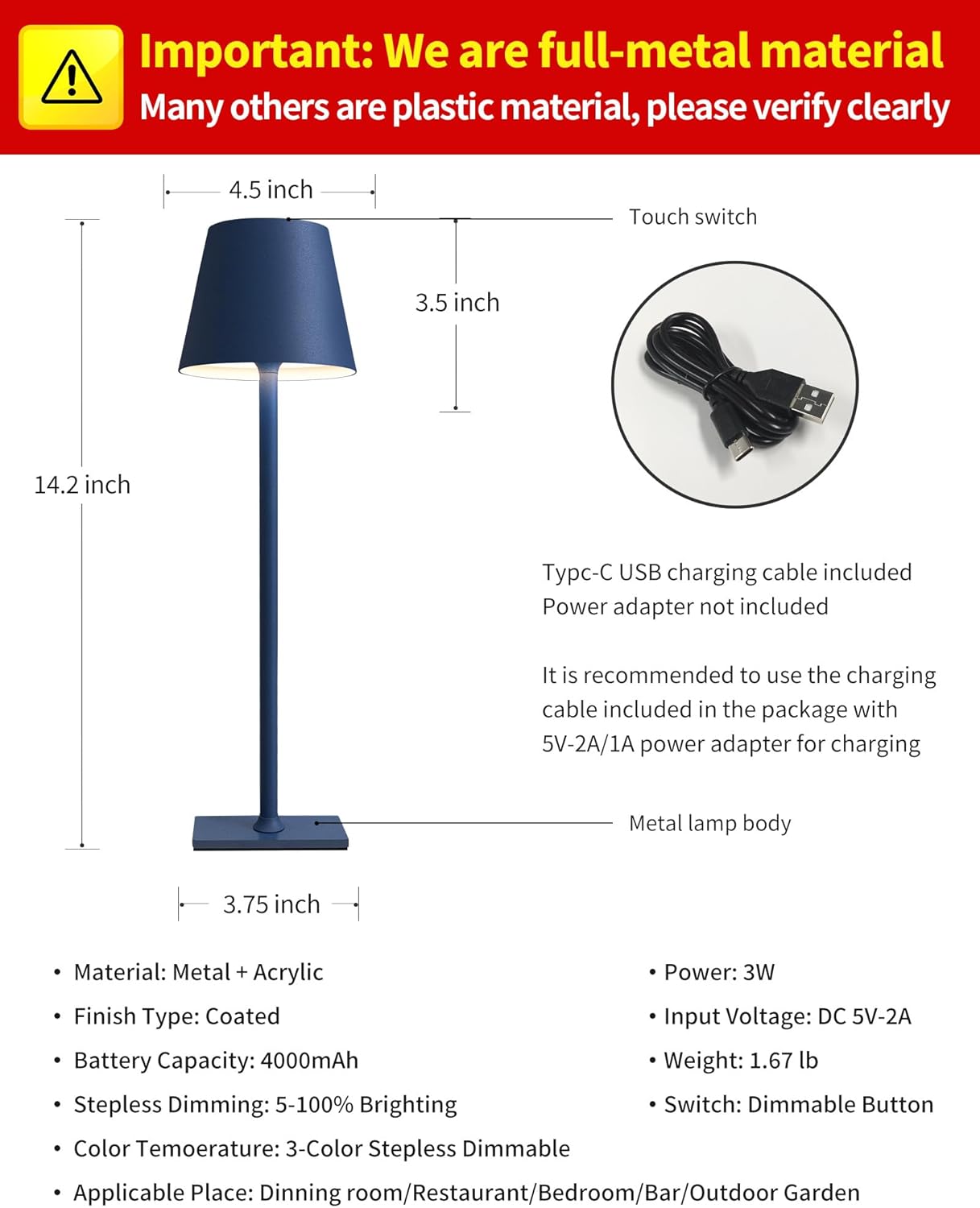 KDG 2 Pack Cordless Table Lamp,Portable LED Desk Lamp, 4000mAh Battery Operated, 3 Color Stepless Dimming Up, for Restaurant/Bedroom/Bars/Outdoor Party/Camping/Coffee Shop Night Light(Blue)