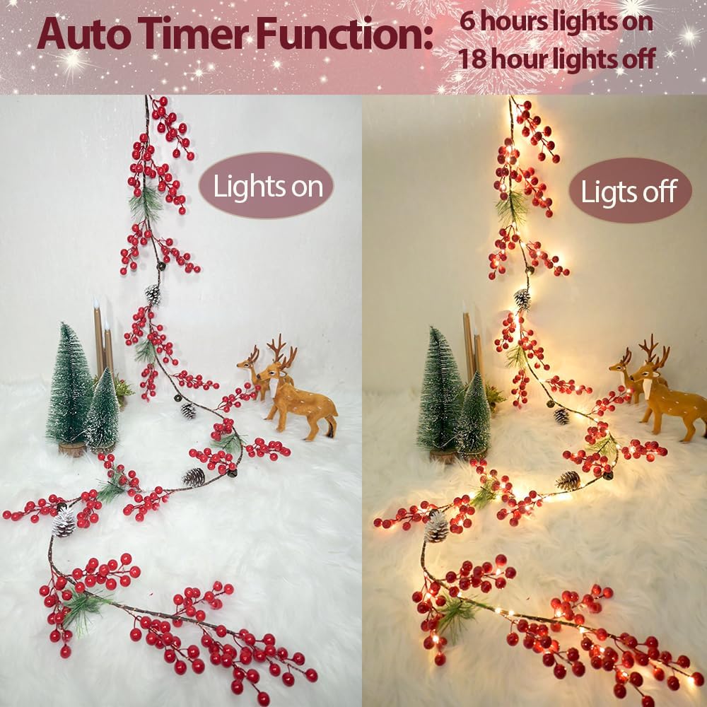 6.56FT Christmas Garland Decorations Red Berry Garlands with Lights 96 Fairy LED Lights Lighted Pine Garland for Mantle Fireplace Table Stairs Railing Xmas Tree Indoor Outdoor Winter Holiday Decor