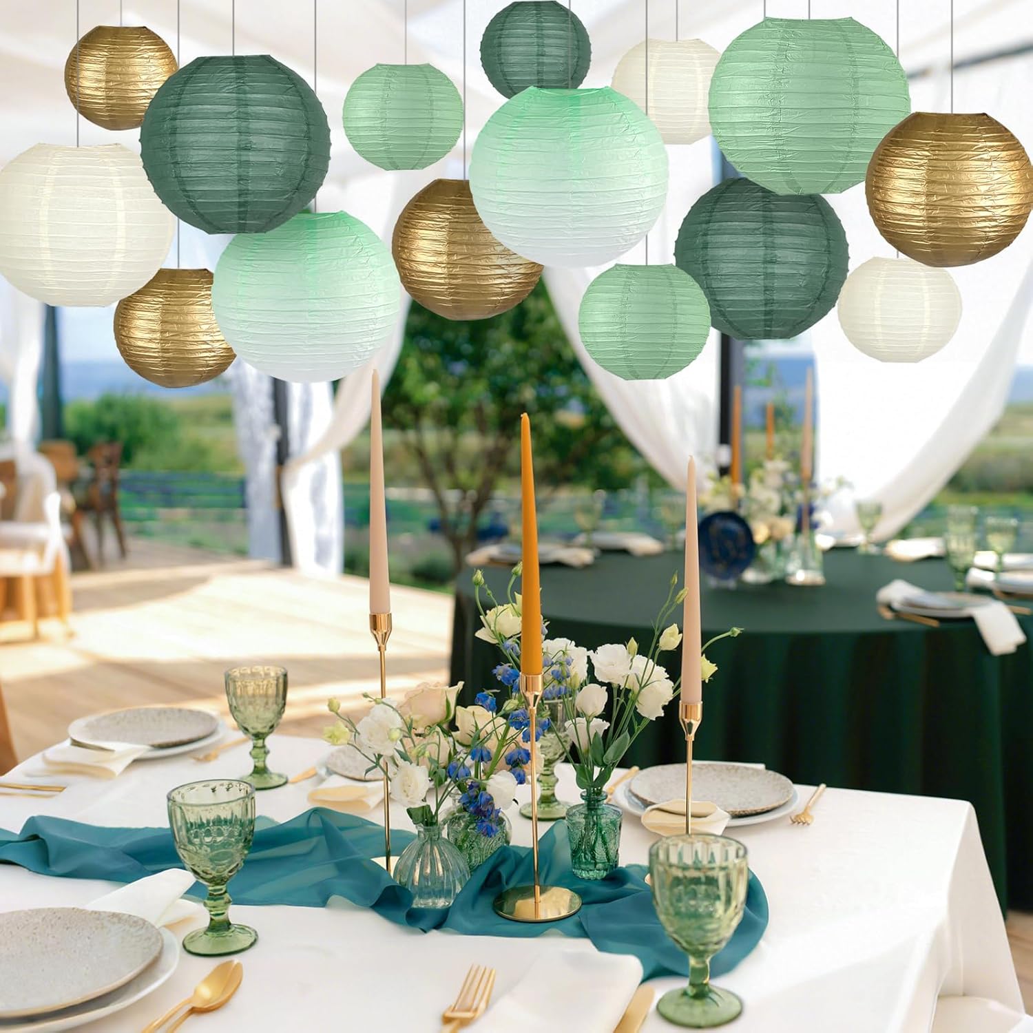 Paper Lanterns Decorative, Gradient Sage Green Round Hanging Paper Lantern Decorations for Wedding Bridal Shower Graduation Anniversary Sage Green Birthday Party, 15Pcs