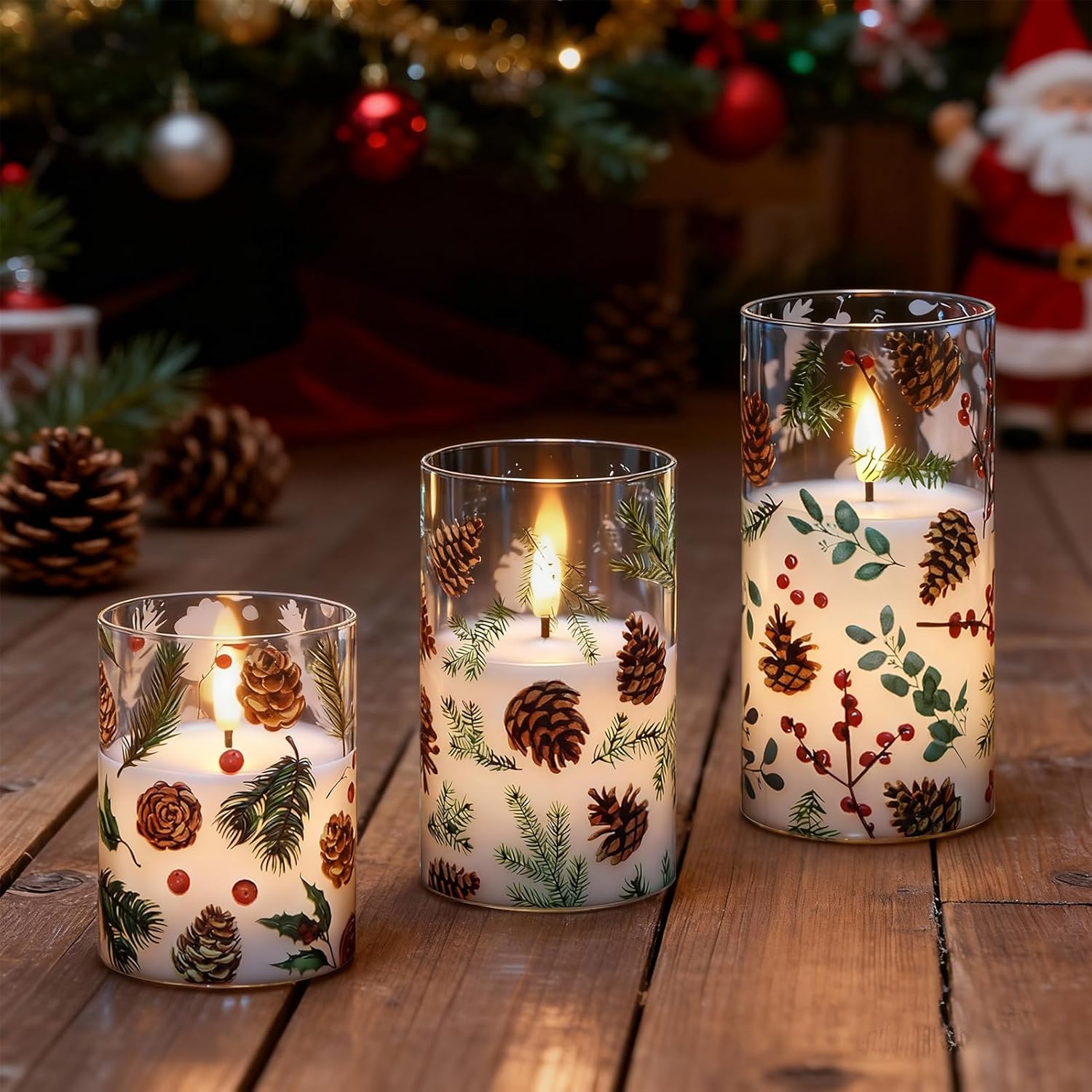 GenSwin Christmas Flameless Candles Battery Operated with Pinecone Decals, 3 Pcs Glass Flameless Candles with Remote Timer and 3D Flickering Flame for Christmas Holiday Decor(Set of 3, D3” x 4”5”6”)