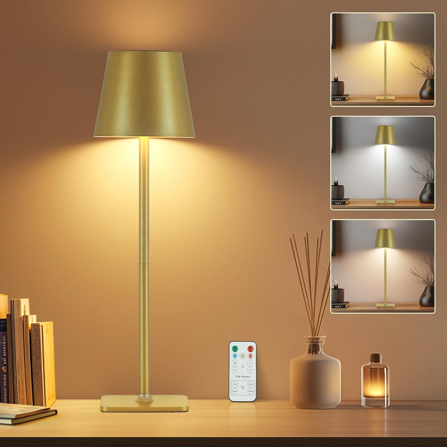 Cordless Table Lamp with Timer, Rechargeable 5200mAh Battery Operated Lamp with Remote, Adjustable Height, 3-Color Stepless Dimming, Small LED Table Lamp for Bedroom Dining Office Outdoor(Gold)