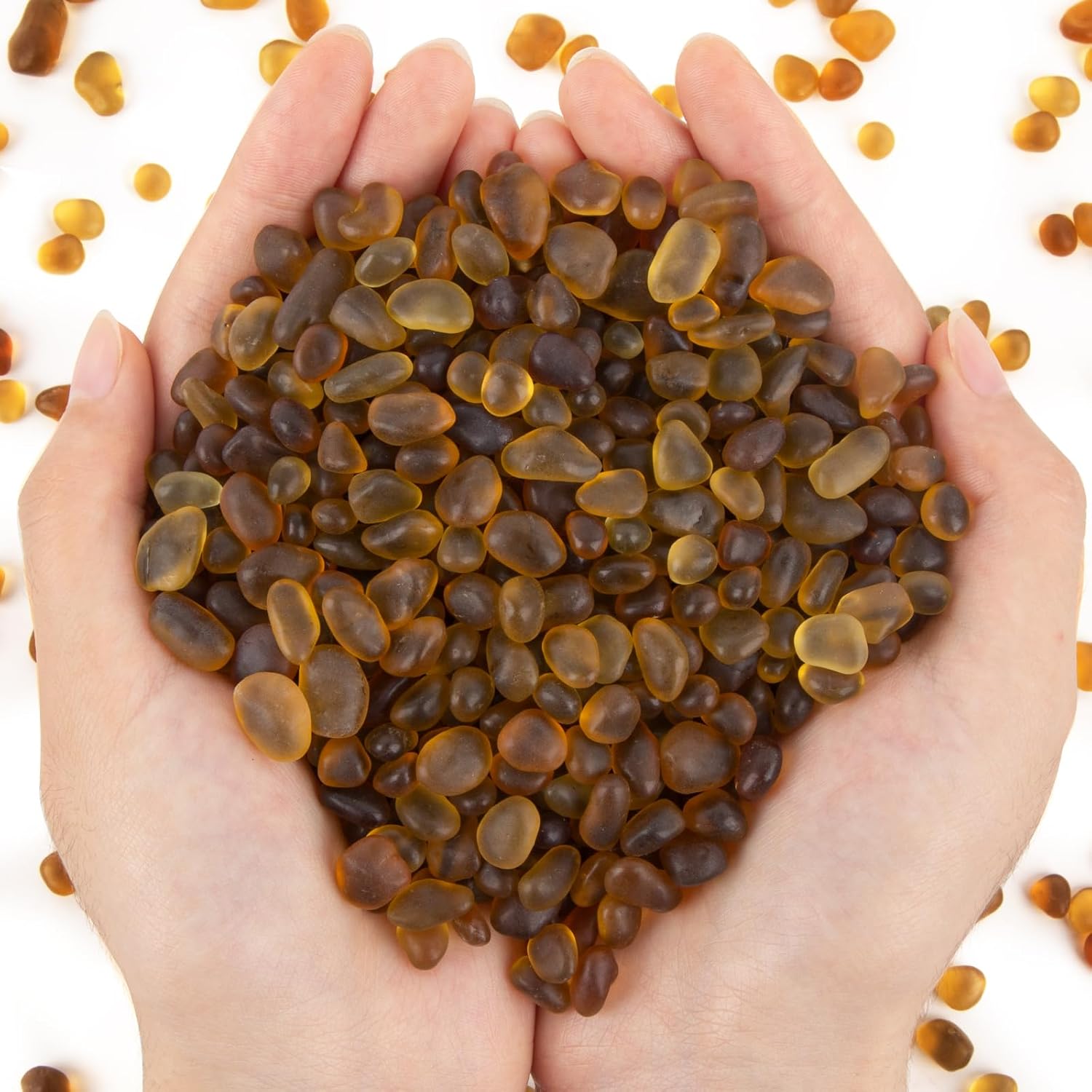 QEQEKAKA Sea Glass Stones for Crafts About 1LB (405g/14.28oz) Brownish Yellow Glass Pebbles Gemstones Bulk for Aquarium Rocks Fish Tank Gravel Green Filler for Vases Centerpieces