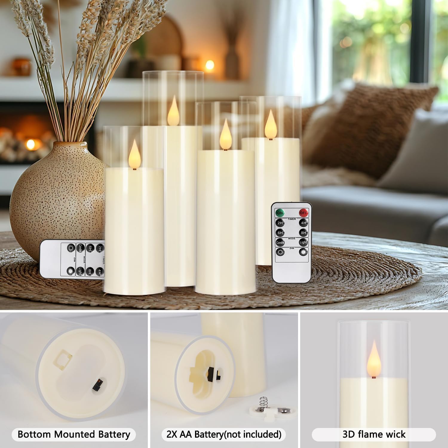Set of 24 Flameless Led Battery Opeated (D2.2'' x H5''6''7'') Realistic Moving Wick Candles with 10-Key Remotes and Cycling 24 Hours Timer