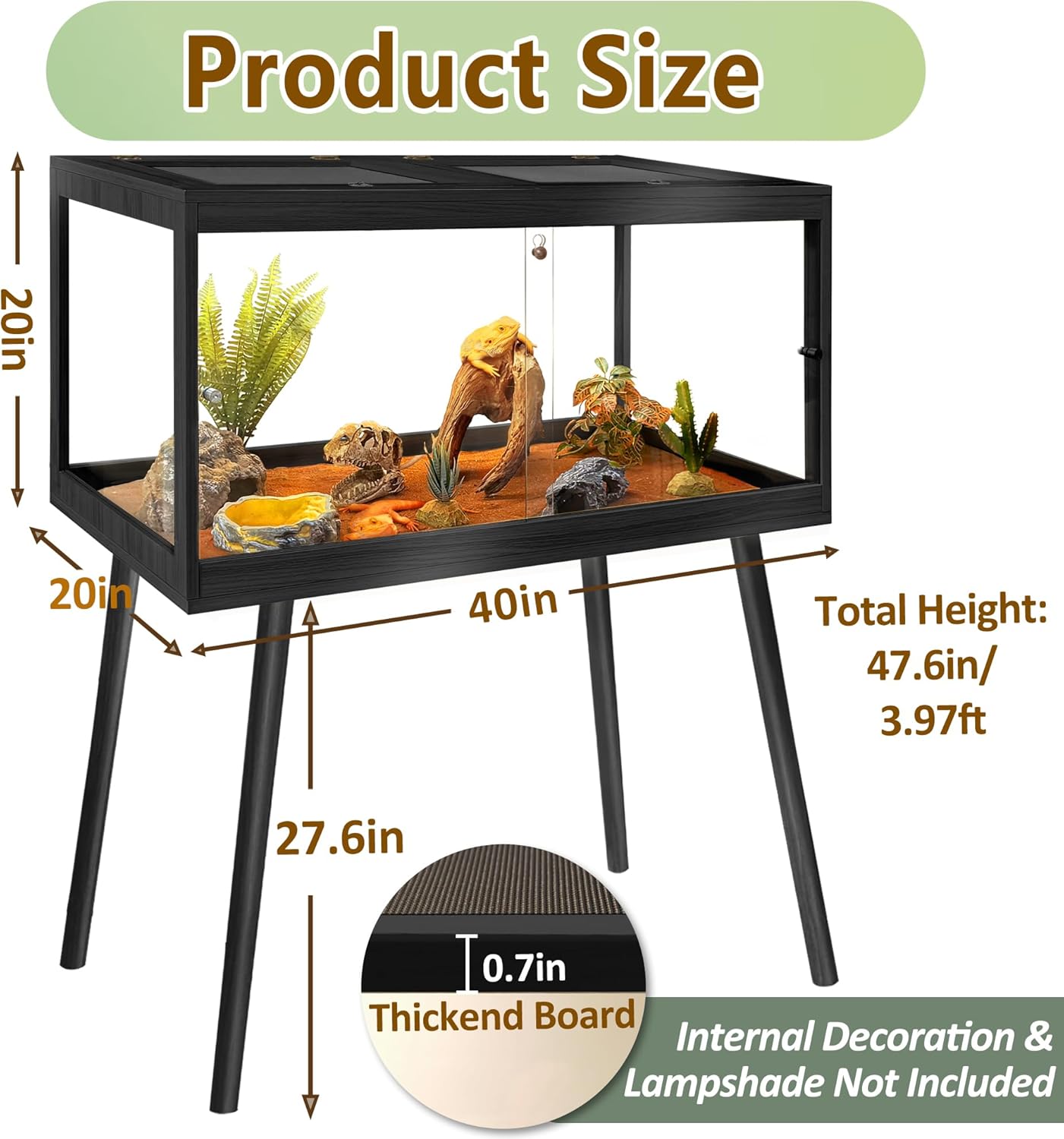 Prolee Tempered Glass Reptile Enclosure with Leg,40“ Scratch-Proof Bearded Dragon Tank,62 Gallon Lizard Tank with Metal Mesh Tops and Lockable Door,Spacious Reptile Habitat for Snake,Lizard (Black)