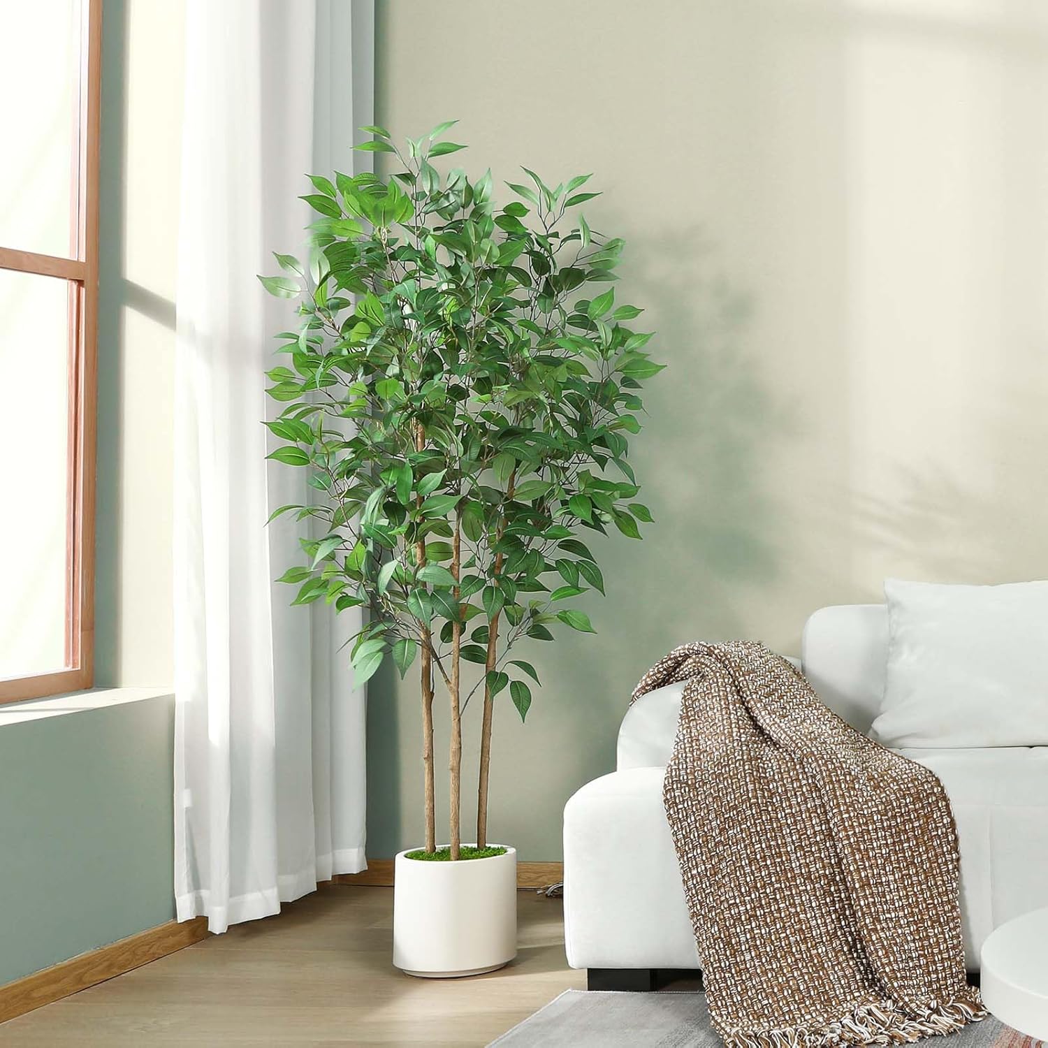 Ficus Artificial Tree 5ft Tall Fake Ficus Tree for Home Decor Indoor Faux Silk Ficus Plant Fake Floor Plant in White Imitation Ceramic Planter with Green Fake Moss, Set of 1