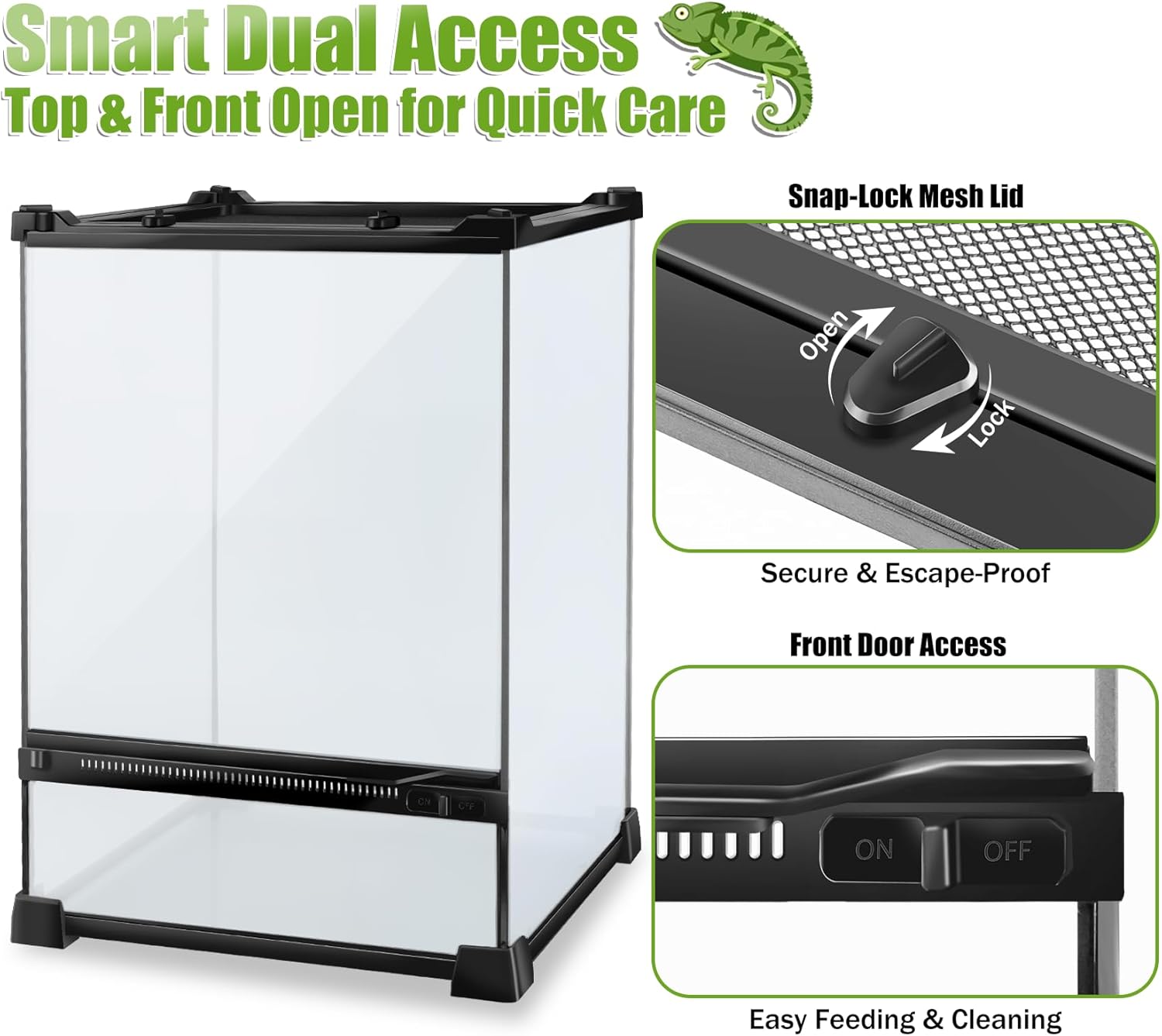 Reptile Terrarium 10"x10"x14", Full Glass Tank Enclosure for Small Reptiles, Geckos, Frogs, Lizards, Snakes, Spiders, Turtles, Vertical Rainforest Habitat