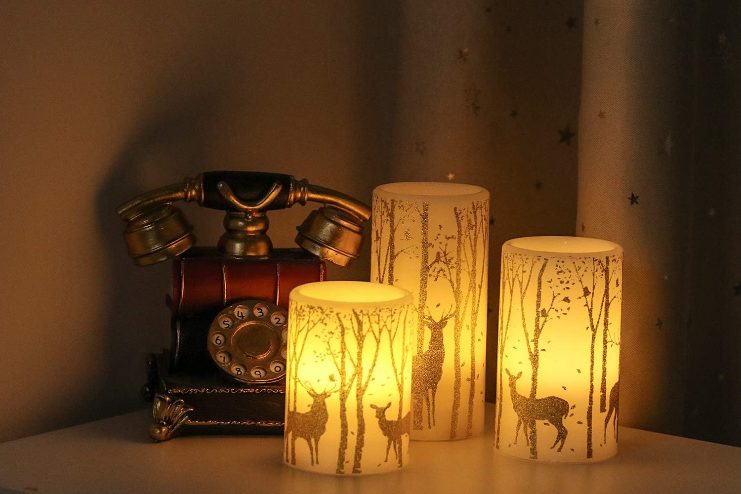 GenSwin Flickering Flameless Candles Battery Operated with 6 Hours Timer, Real Wax Led Pillar Candles Deer Decal Warm Light, Pack of 3 Christmas Home Decor