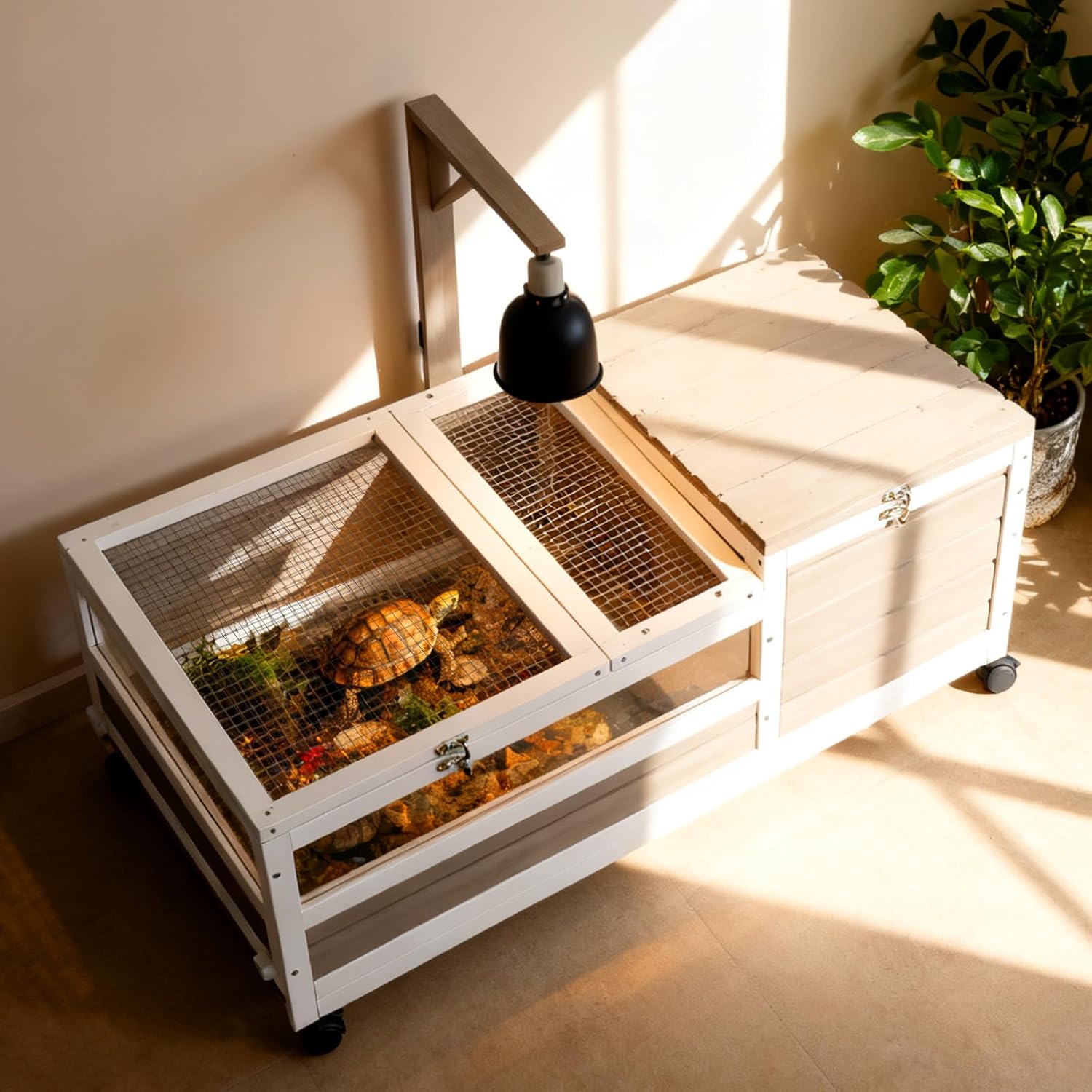 Tortoise Habitat with Lamp Holder in Indoor & Outdoor, Wooden Extensible Turtle Enclosure Table with 4 360° Lockable Wheels, Leakproof Tray, Openable Roof for Tortle, Lizard, Chameleon