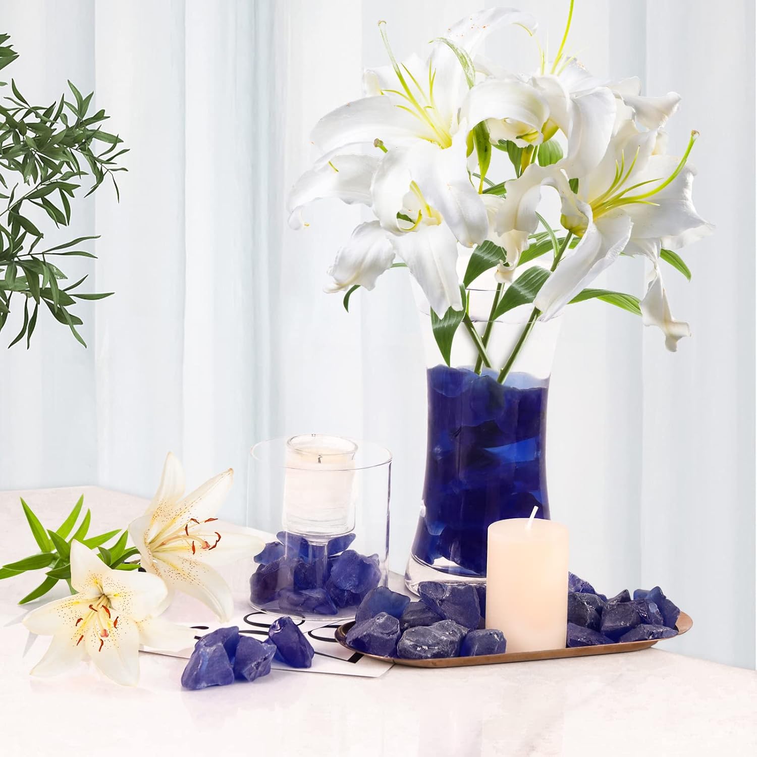 5LB Frosted Sea Glass Vase fillers Crushed Glass, Sea Glass Decor Ideal for Christmas DIY Craft, Aquarium Gravels, Home Decor Crushed Sea Glass Pieces for Beach Wedding, 0.7-3 Inch Cobalt