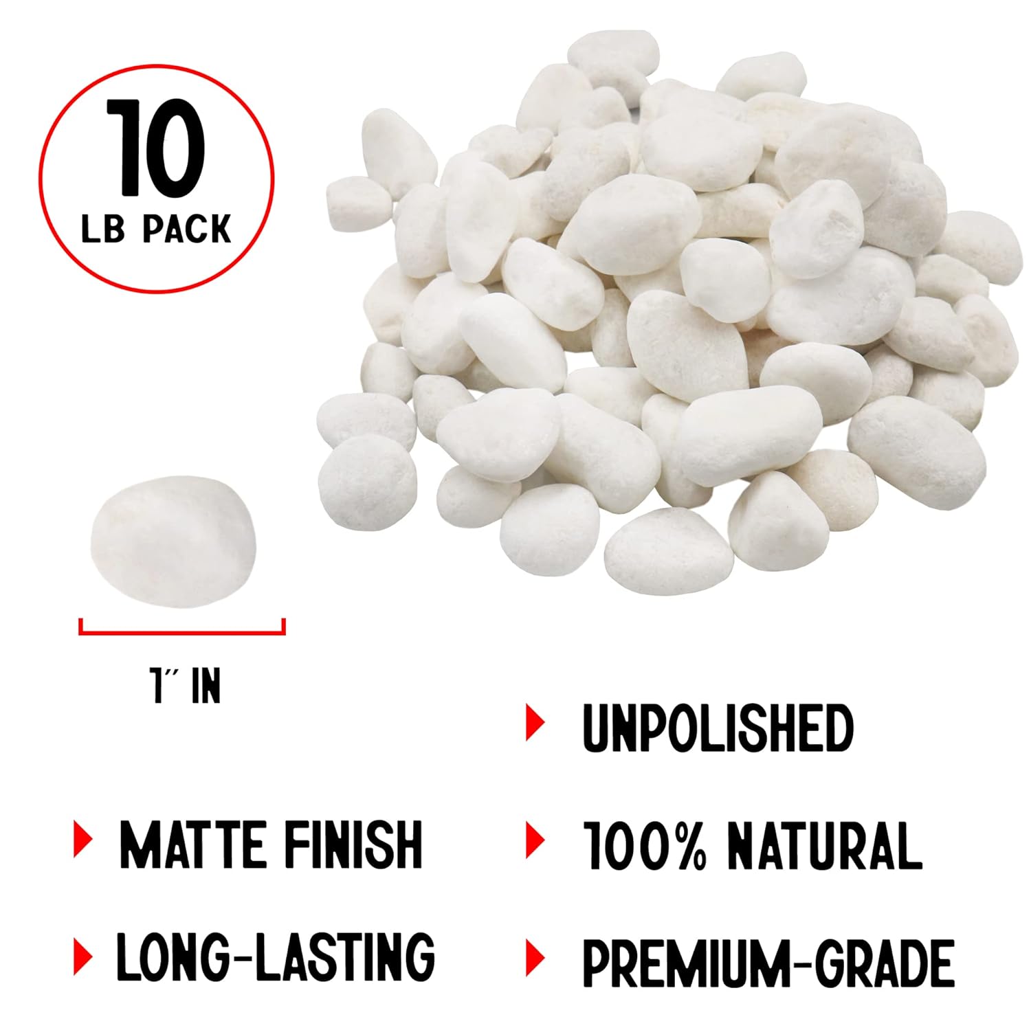 Unpolished White Pebbles 10 Lb. - 1 inch Pebbles for Plants, Gardens, Fish Tank Gravel, Décor, Landscaping, Succulent, Terrarium, 100% Natural Stone Pebbles Decorative Rocks, Matte White Finish