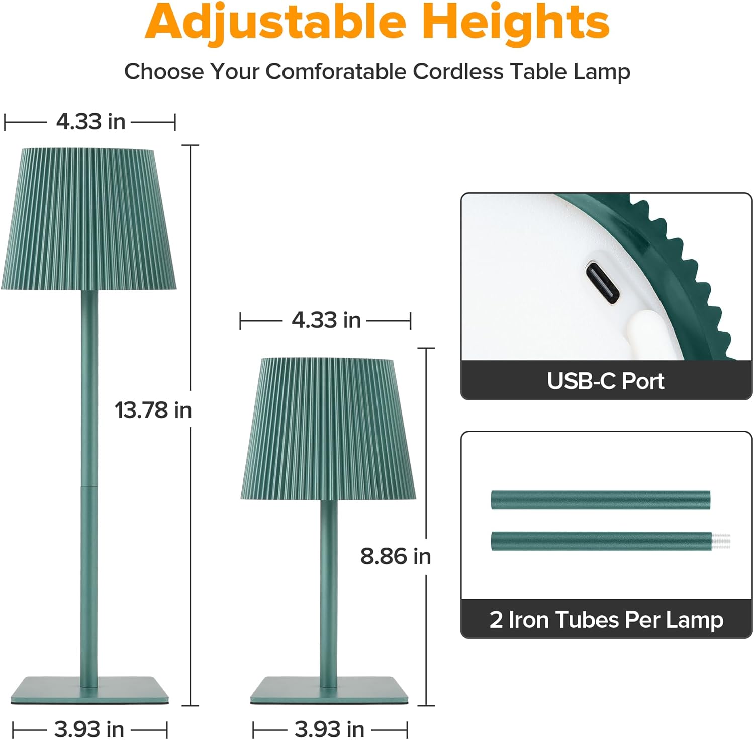 LUTEC 2 Pack Cordless Table Lamp,6000mAh Rechargeable Battery Operated Desk Lamp,Two Adjustable Heights,Waterproof, Touch Control & 3 Color Stepless Dimming for Restaurant/Bedroom/Bars/Outdoor (Green)