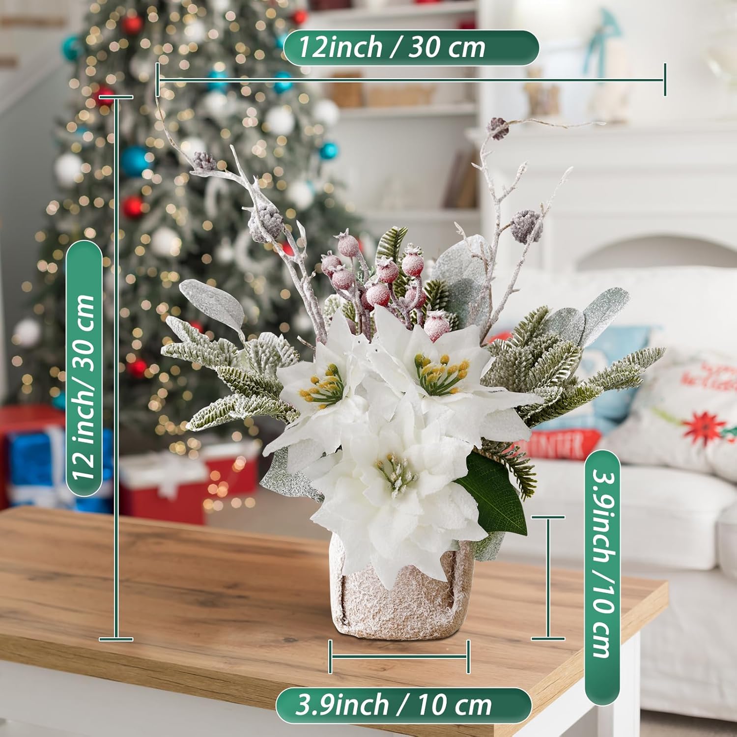 Artificial Poinsettias Christmas Flowers with Red Berry Pine Cone Branches Linen Base,12” Faux Poinsettias Plants for Home Office Table Fireplace Winter Indoor Christmas Decorations White