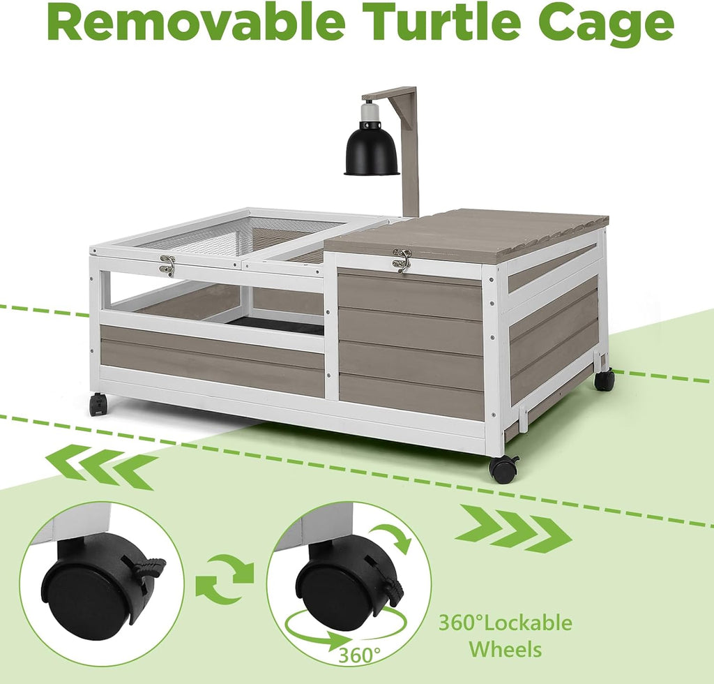 Tortoise Habitat with Lamp Holder in Indoor & Outdoor, Wooden Turtle Enclosure Table with 4 360° Lockable Wheels, Leakproof Tray, Openable Roof for Tortle, Lizard, 78" L x 23" W x 14" H